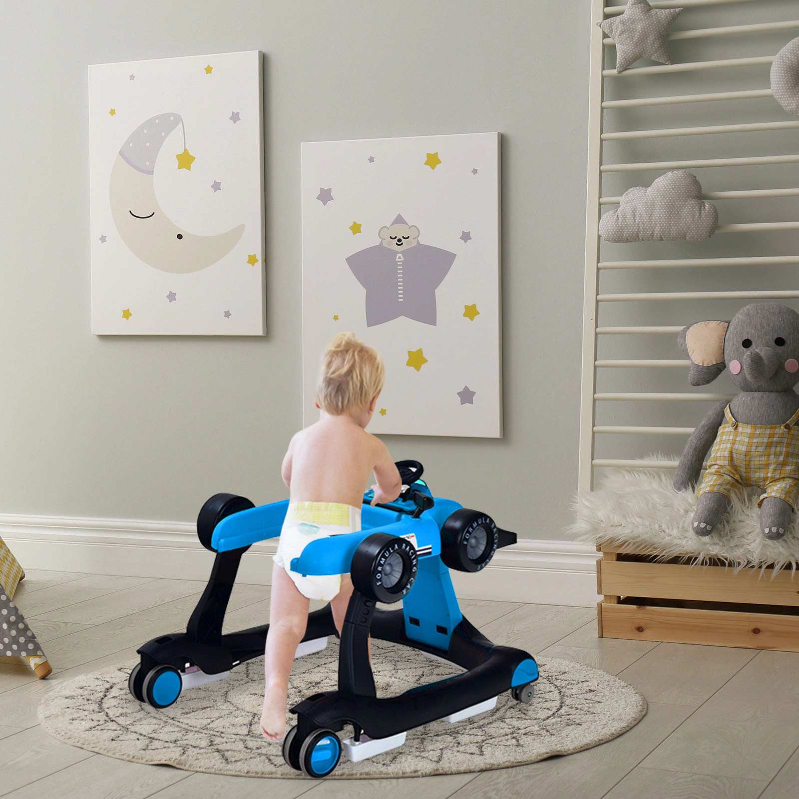 5-in-1 Baby Walker with Wheels with 2 Speed Settings 5 Padded Stair Guards 3 Seat Heights and Toy Car Floor Mode Blue