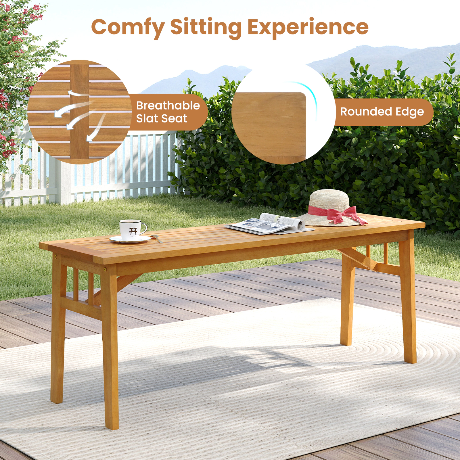 SUGIFT 3 Piece Patio Picnic Set Acacia Wood 63 in Table with 2 Backless Benches