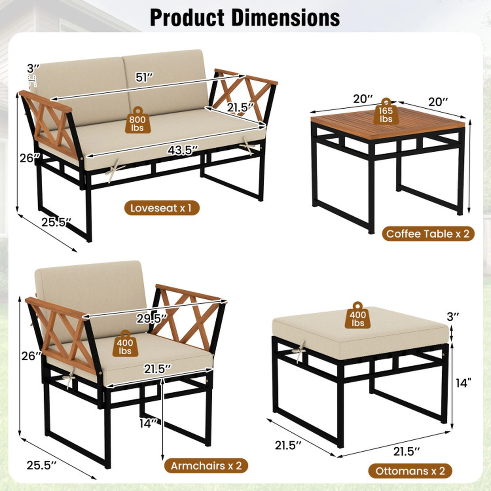 SUGIFT 7-Piece Beige Outdoor Patio Conversation Set with Loveseat, Armchairs, Ottomans and Acacia Wood Tables