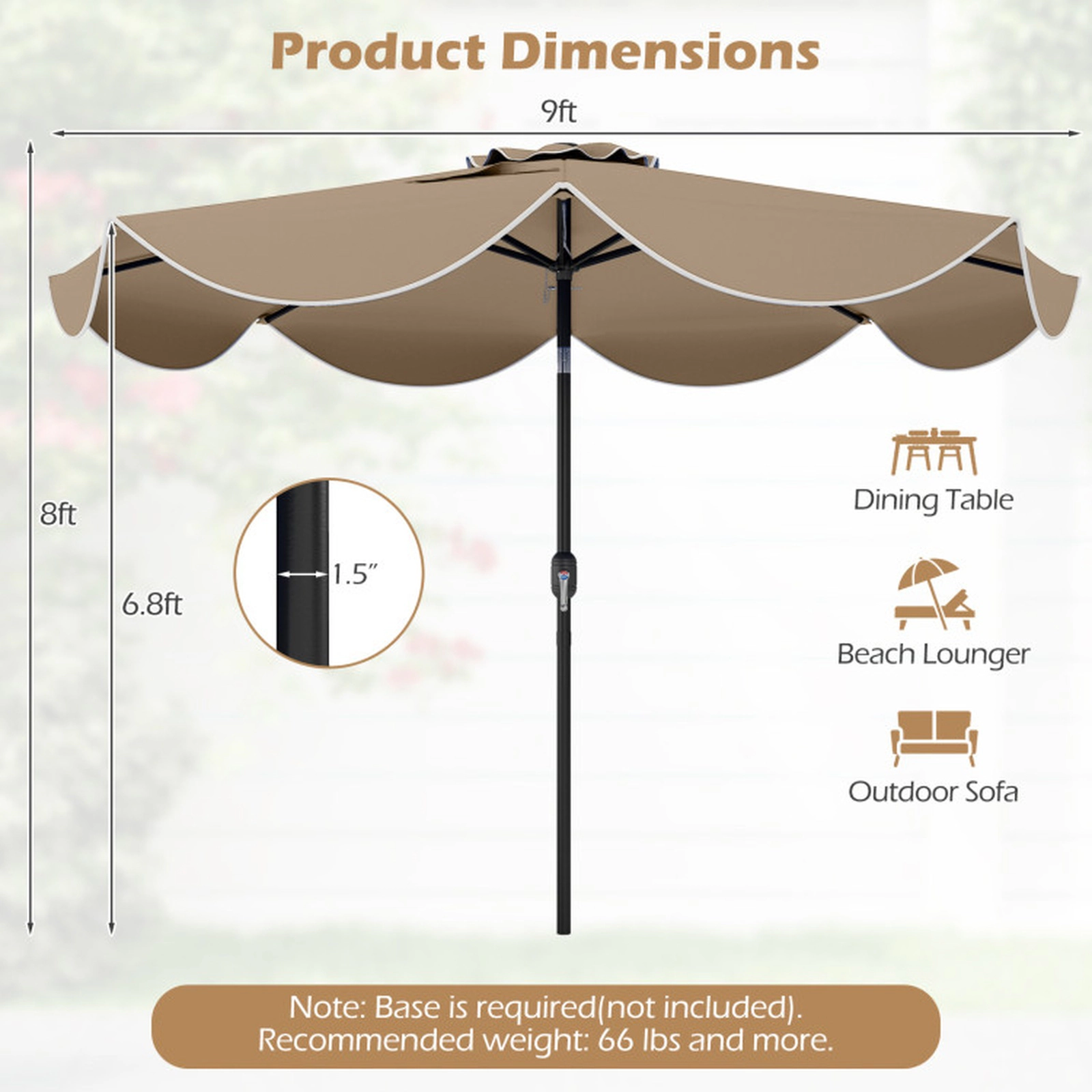 SUGIFT Scalloped Solar Patio Umbrella Market Table Umbrella with 24 LED Lights 9-ft Tan