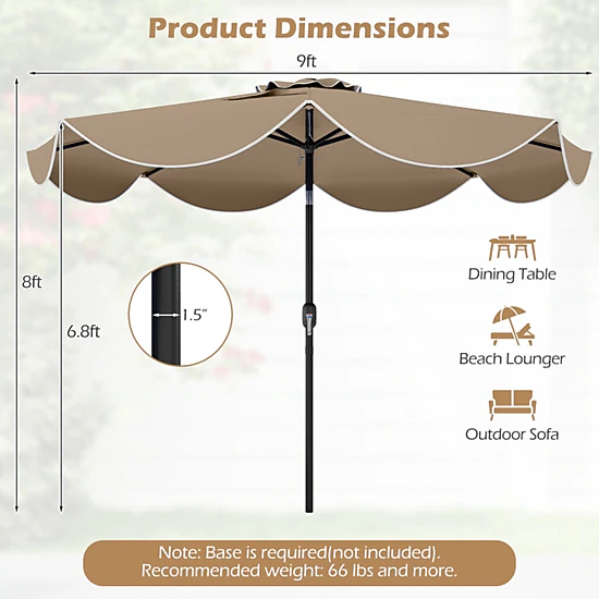 SUGIFT Scalloped Solar Patio Umbrella Market Table Umbrella with 24 LED Lights 9-ft Tan