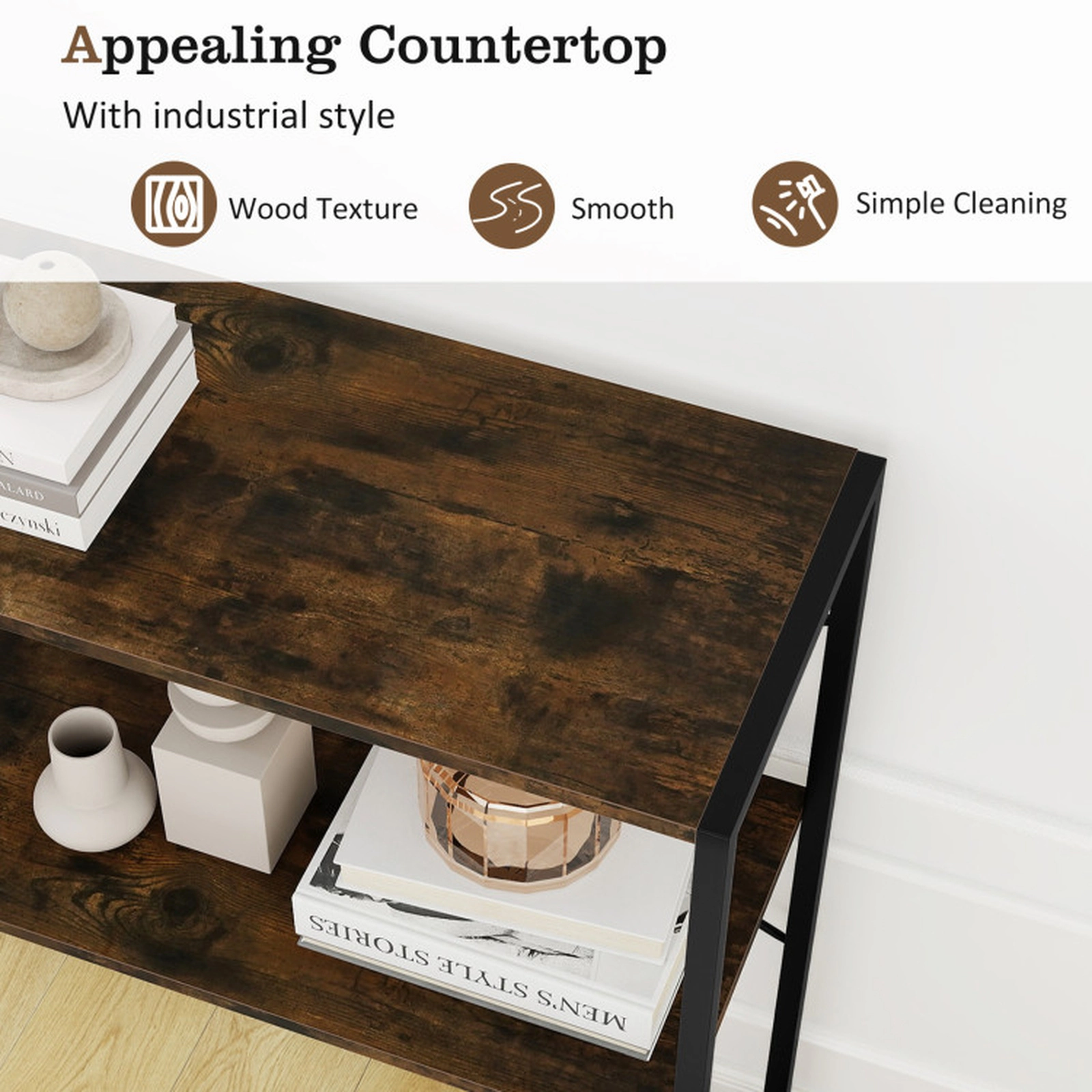 SUGIFT 2-Tier Open Shelves Black Metal X Frame Console Table 36-in x 13-in x 36-in 66-lb per Shelf Rustic Brown