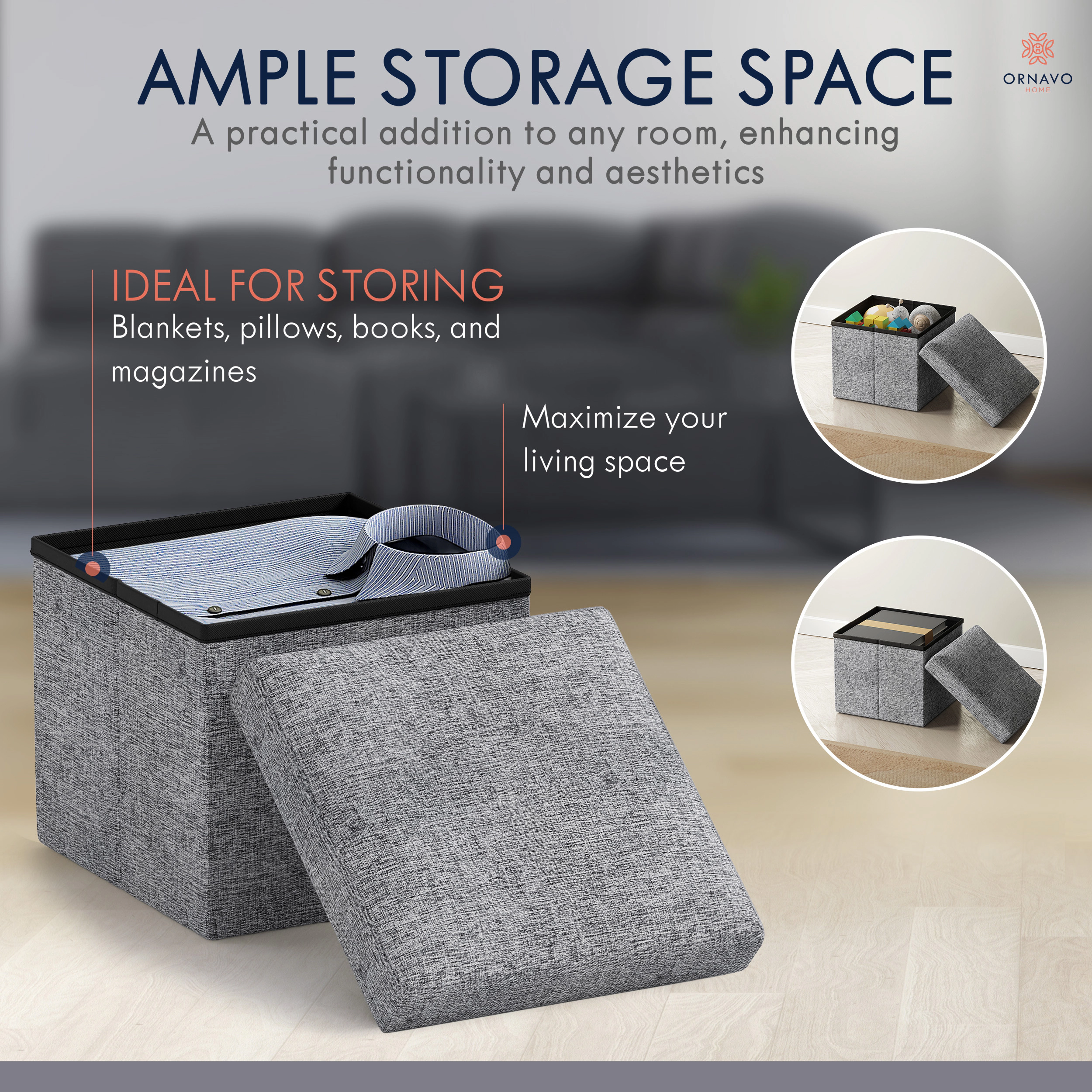 Ornavo Home Collapsible Small 12" Inch Square Storage Ottoman