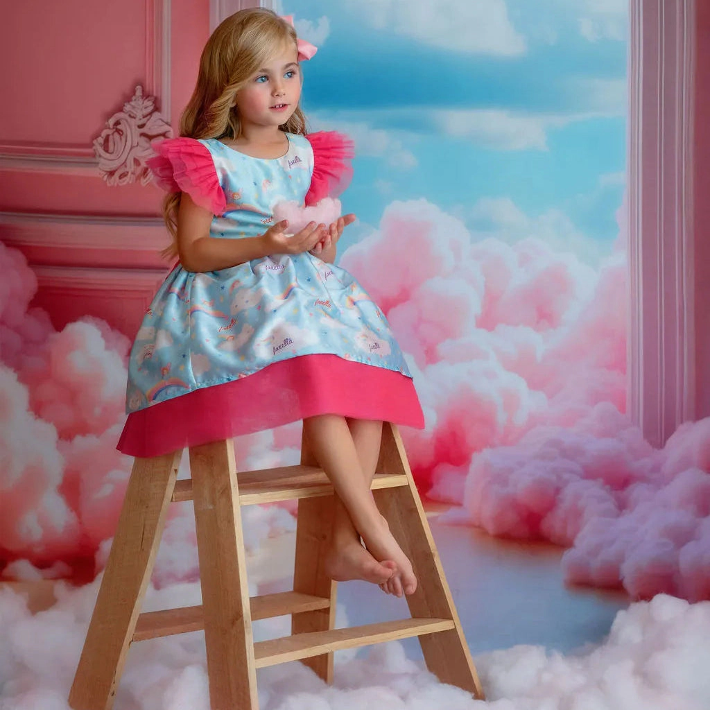 Faeella Girls Dreamy Sky Cloud Print Tulle Birthday Dress