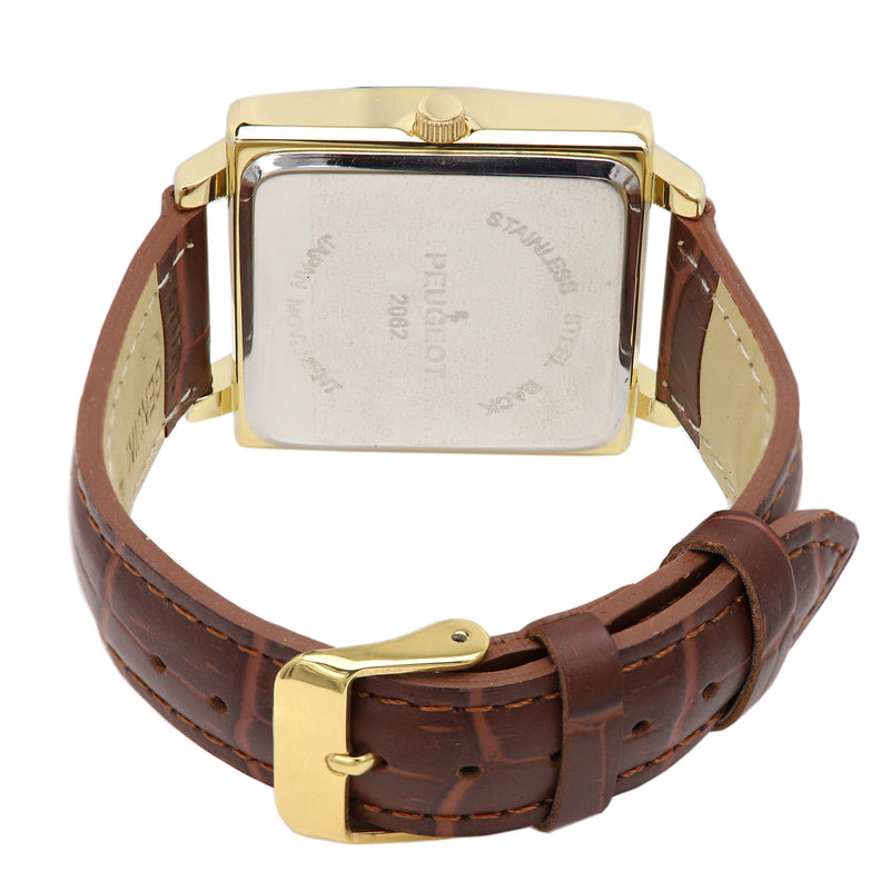 Peugeot Men's 35mm 14K Gold Plated Square Watch with Brown leather Strap