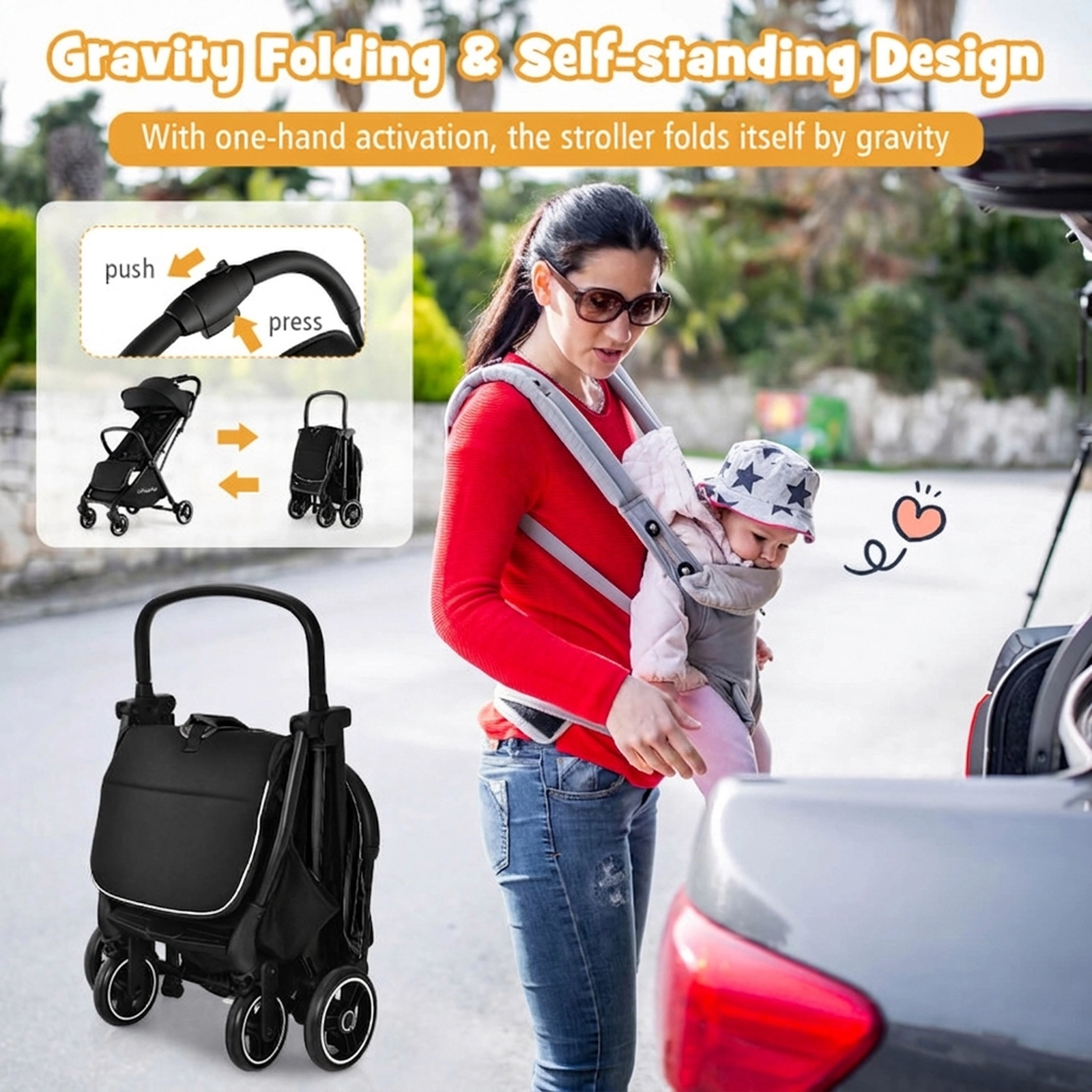 SUGIFT Black 33-lb Capacity One-Hand Folding Lightweight Aluminum Baby Stroller with Magnetic Skylight