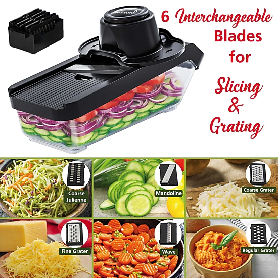 Brentwood 3.6 Cup Mandolin Slicer and Cheese Grater in Black with 6 Interchangeable Blades