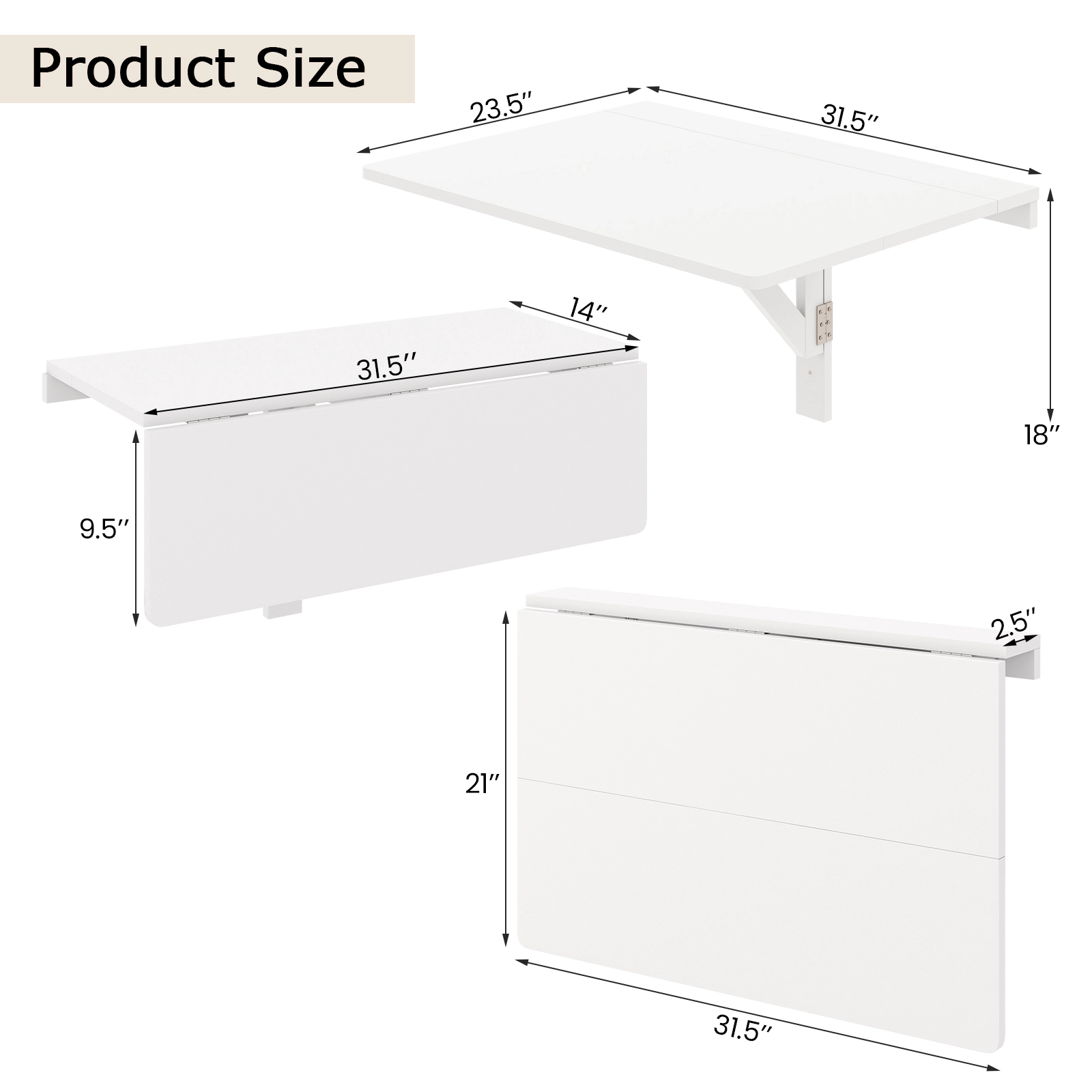 SUGIFT Wall Mounted Drop Leaf Folding Floating Desk 31.5-in x 23.5-in x 17-in 66-lb Capacity Folds to 3-in Deep White