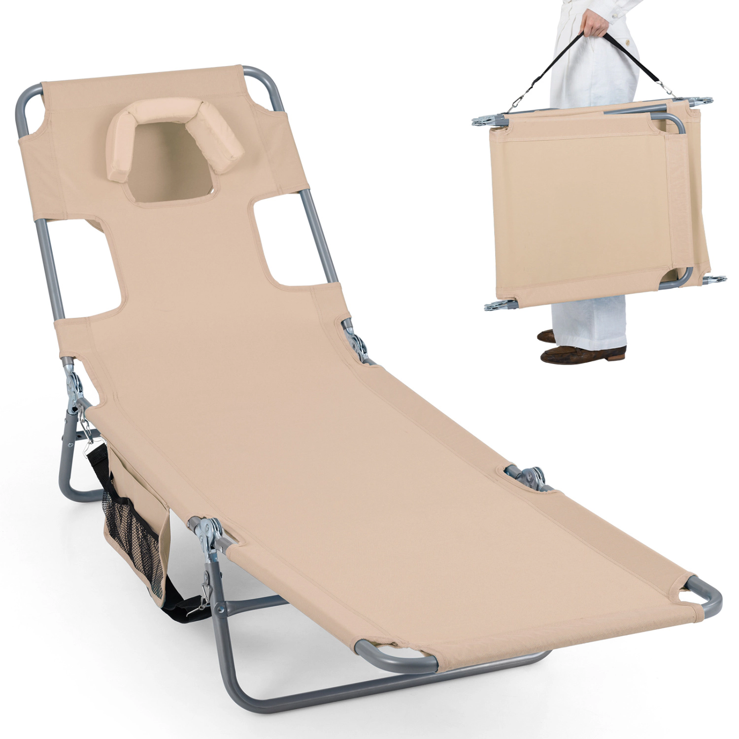 LJG Folding Beach Lounge Chair with Adjustable Backrest for Lawn