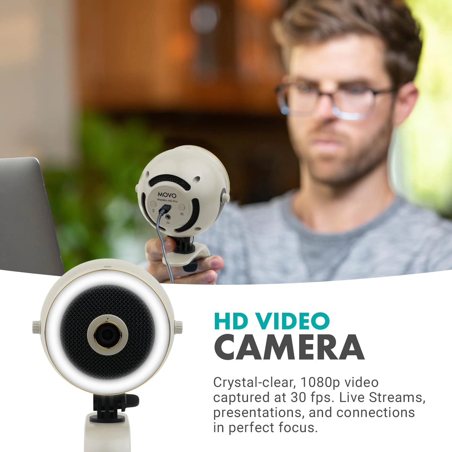 Movo WebMic HD Pro All-in-One Webcam with Mic and Ring Light in Pearl White- 1080p HD Camera, Pro Cardioid Condenser