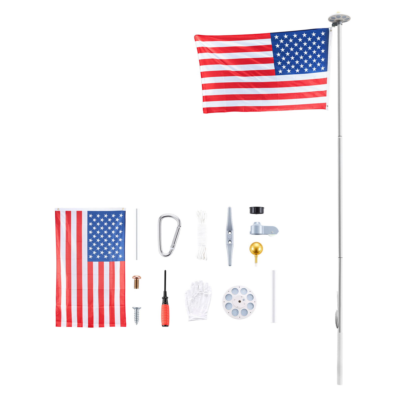 HONGGE 20 ft Sectional Flagpole Kit with Solar LED Light, Heavy Duty Aluminum In-Ground Pole, 3x5 Flag