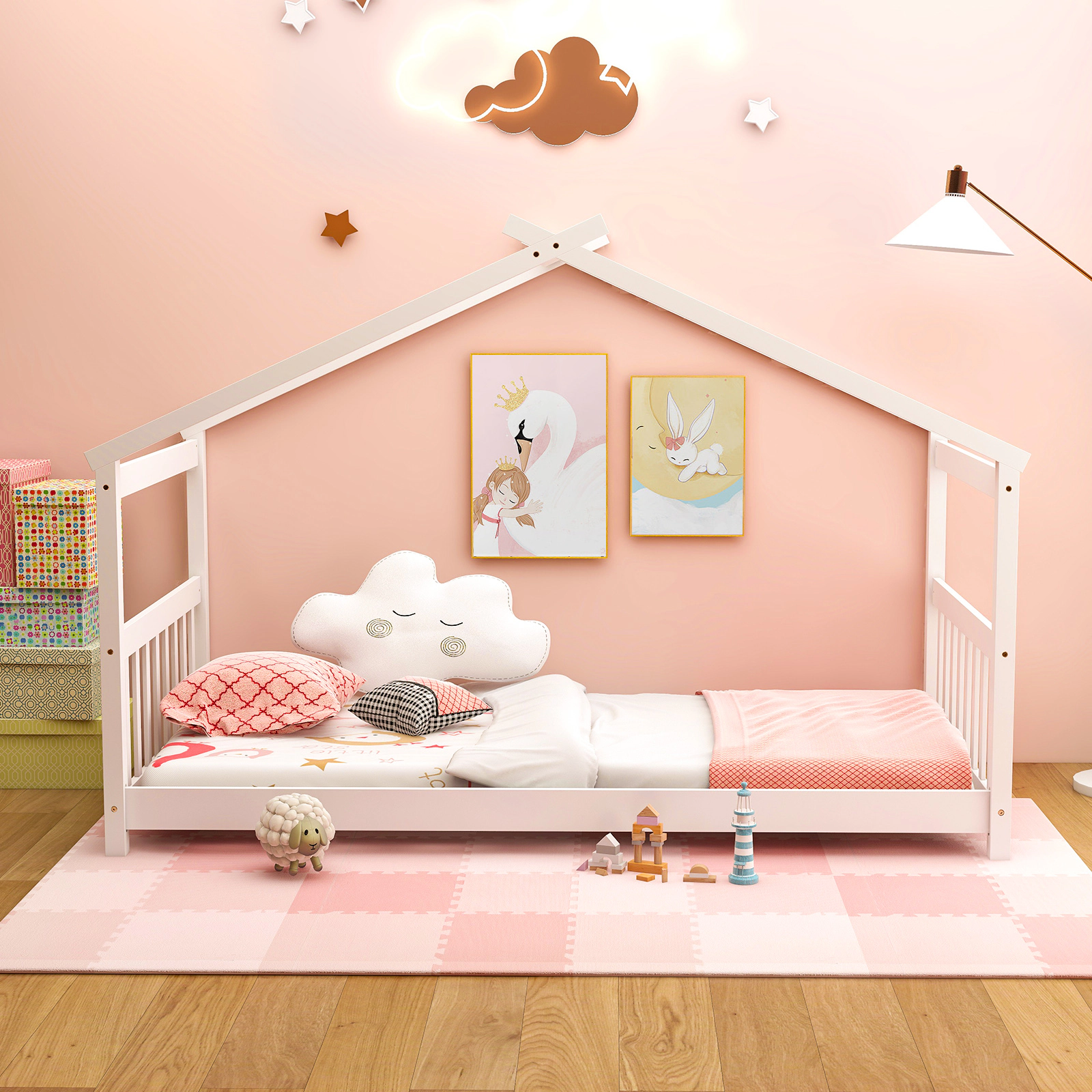 SUGIFT White Roof Frame for Kids Twin Size Wooden House Bed