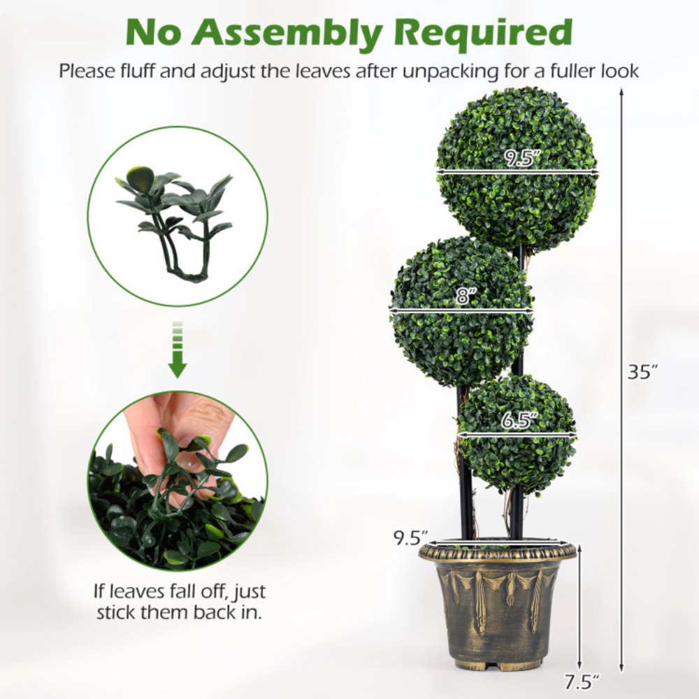 Slickblue Set of 2 Artificial Boxwood Topiary Tree 35in Triple Ball Black Gold Planter Indoor Outdoor