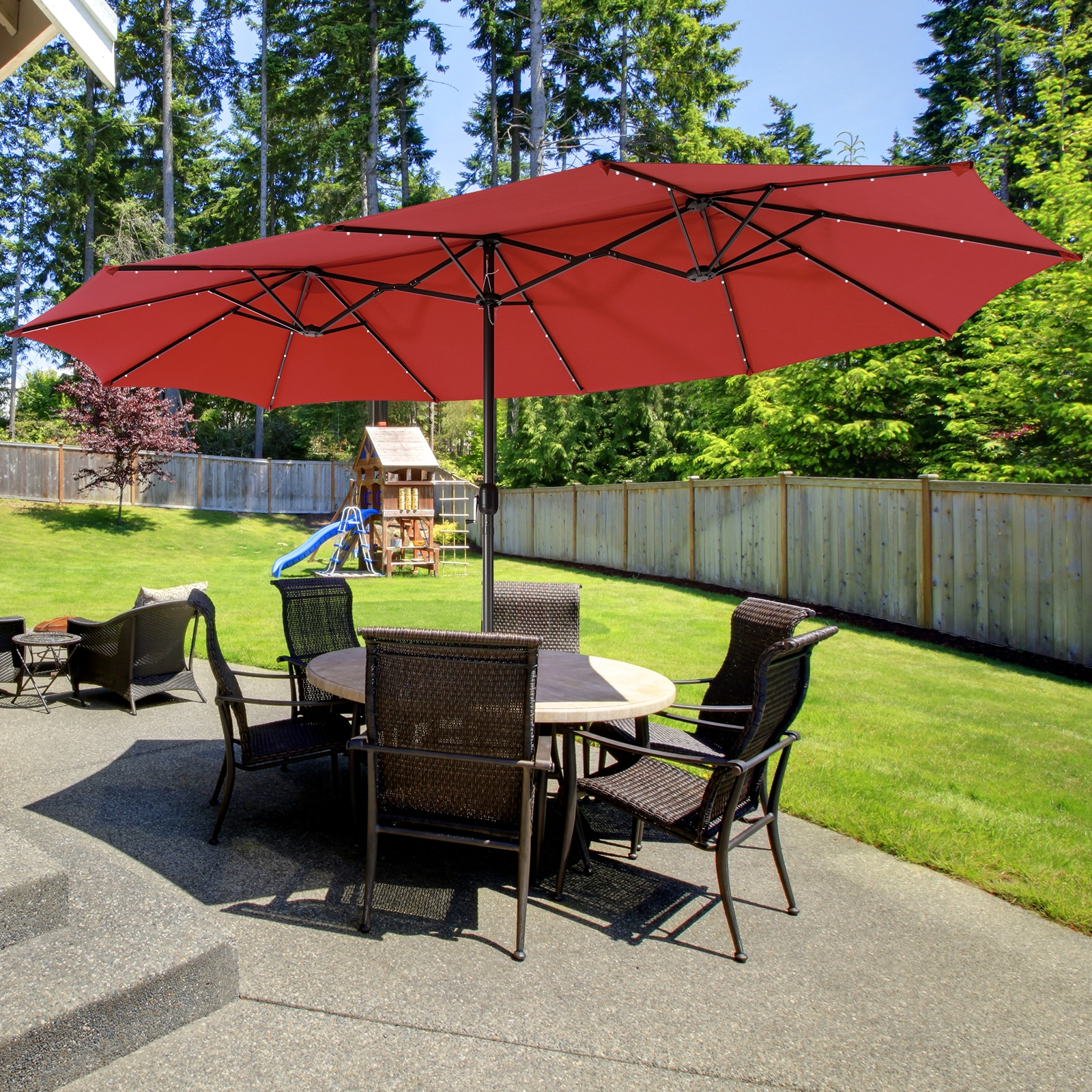 SUGIFT Double-Side 15.4-in Twin Patio Umbrella with 48 Solar LED Lights and Hand-Crank System Dark Red