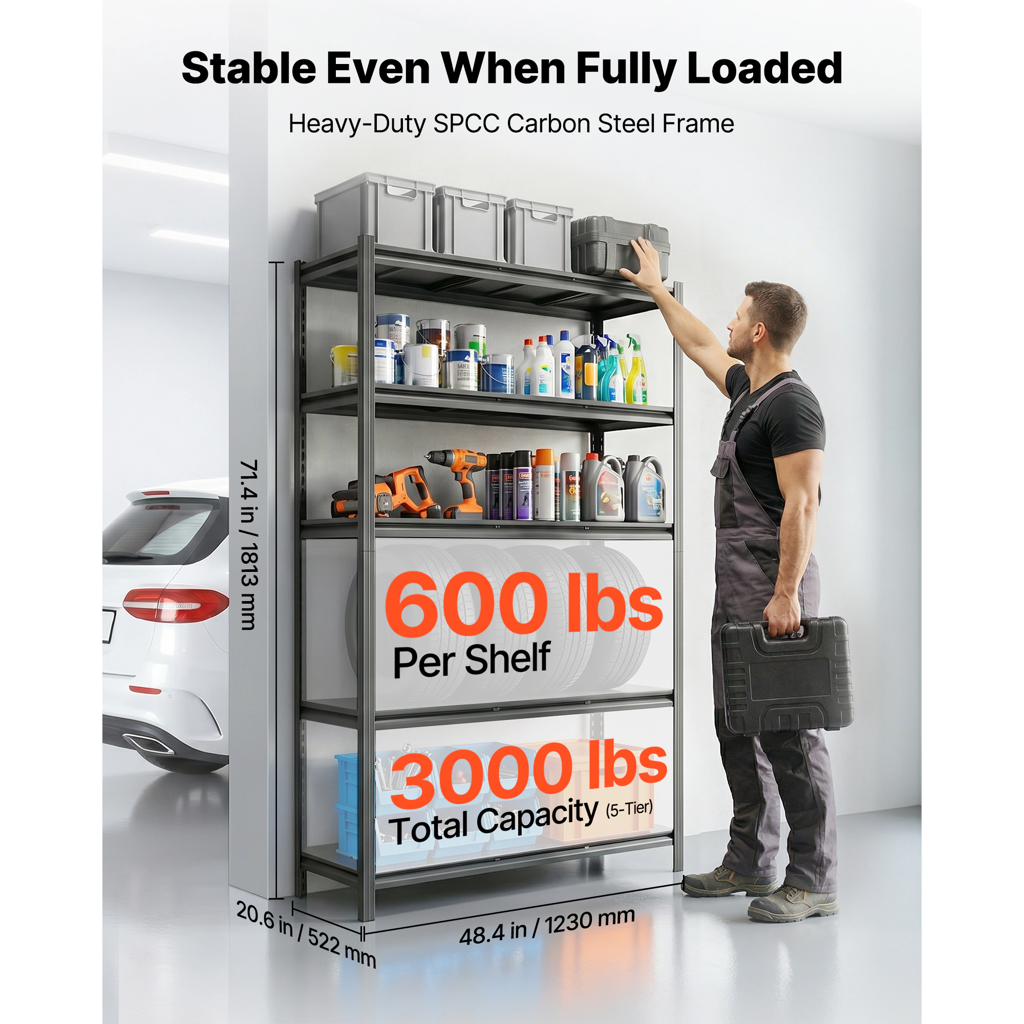 Flynama 5 Tier 48.4 x 20.6 x 71.4 in Shelves 3000 LBS Adjustable Heavy Duty Utility Rack for Garage Workshop