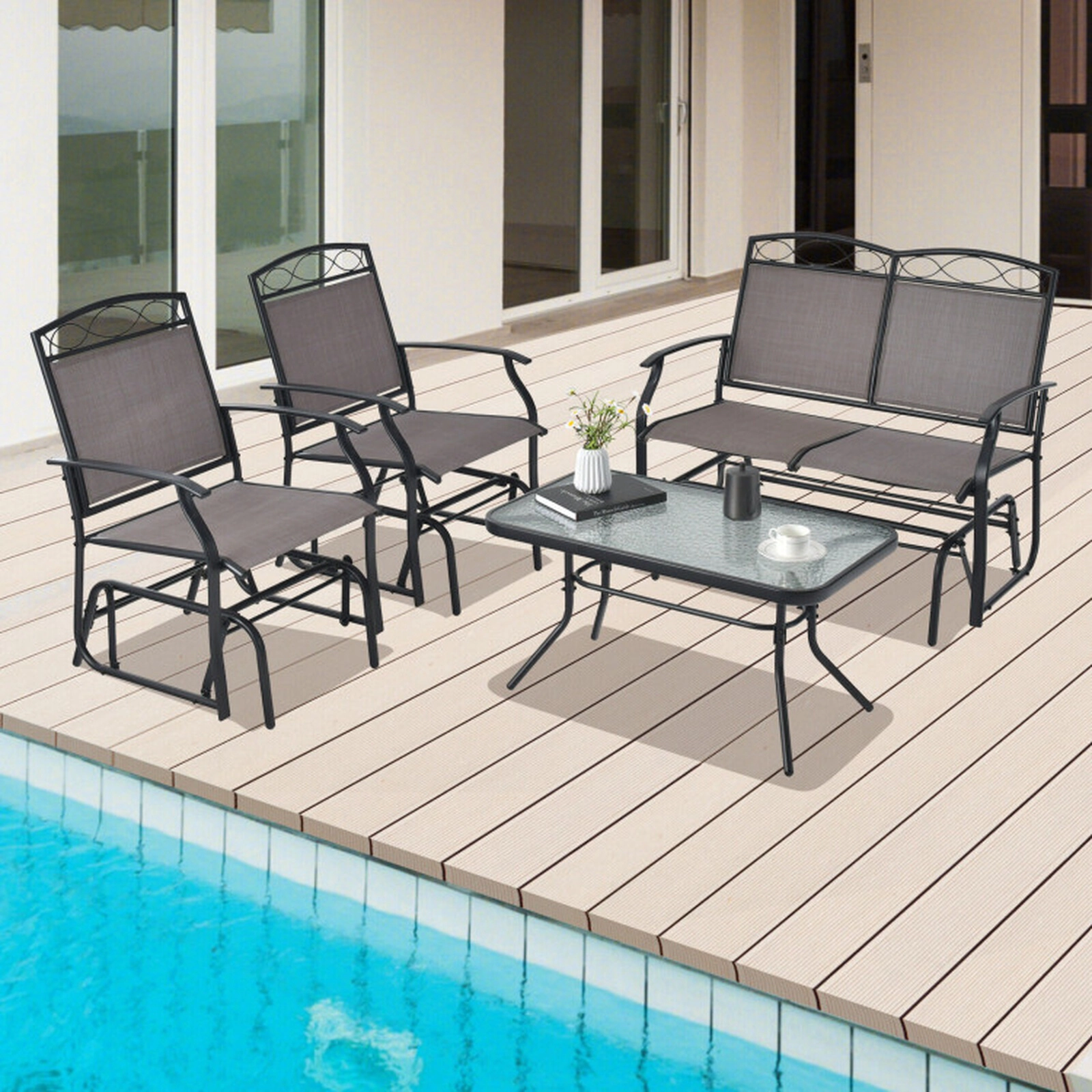 SUGIFT Brown Tempered Glass Coffee Table 4-Piece Patio Glider Conversation Set