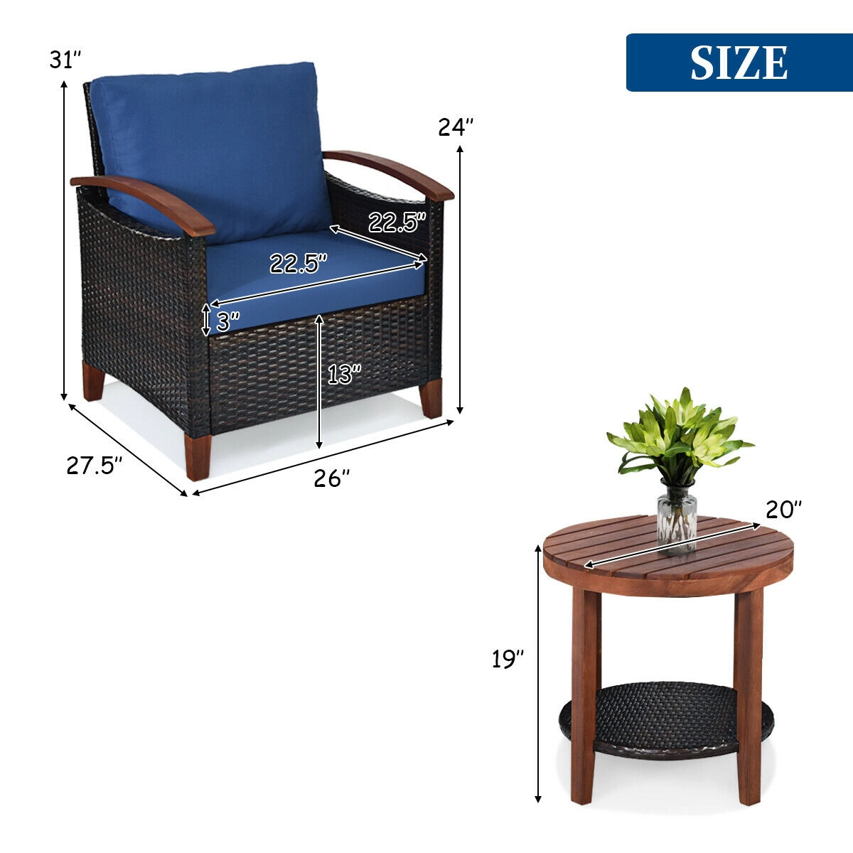 SUGIFT Blue Acacia Wood Tabletop and Washable Cushions 3-Piece Patio Rattan Chair Set