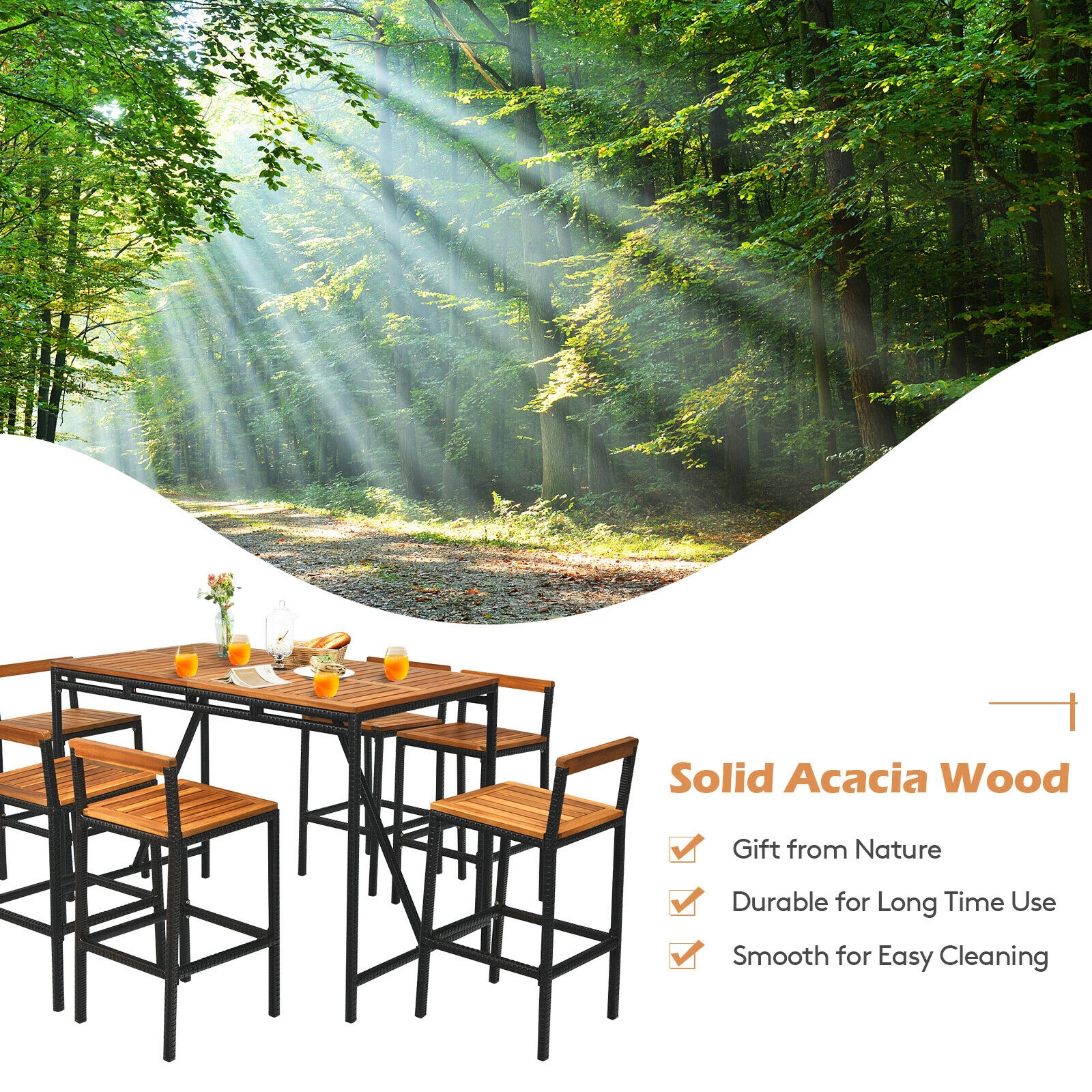 SUGIFT Natural Umbrella Hole 7-Piece Acacia Wood and Rattan Patio Bar Set