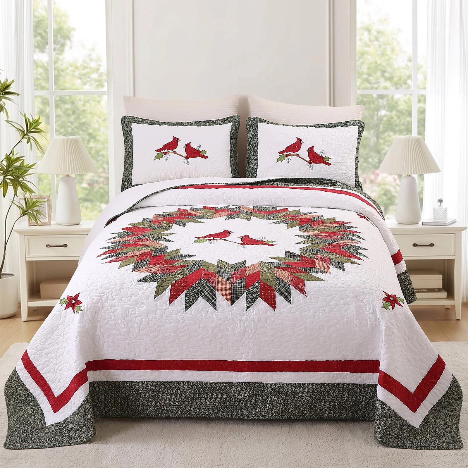 PUPWE Farmhouse Green 2 Piece Embroidered Flquilted Bedspread Quilt Setton Reversible Patchwork Coverlet