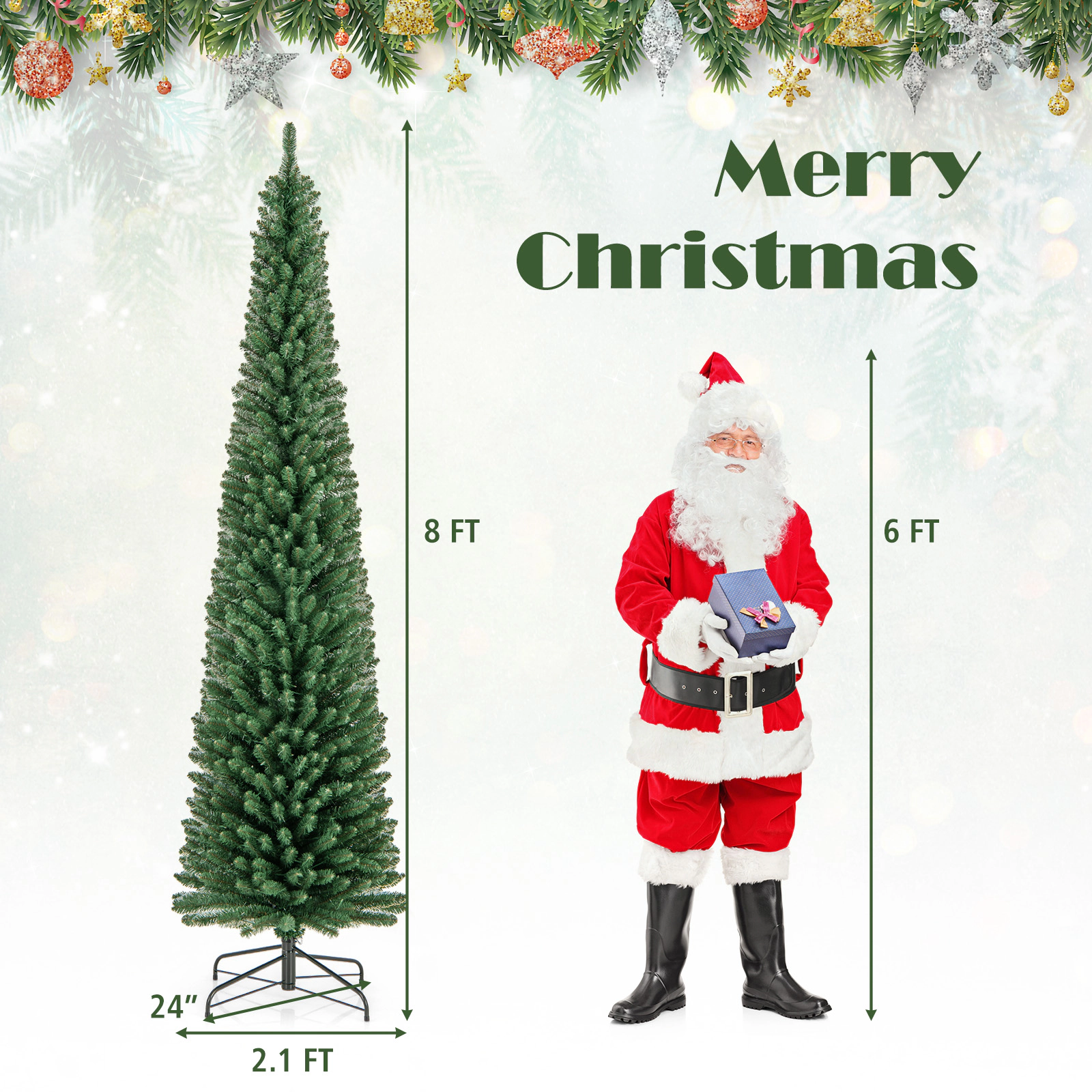 LJG Pencil Christmas Tree with Memory Wire Branch Tips and Warm LED Lights-8FT
