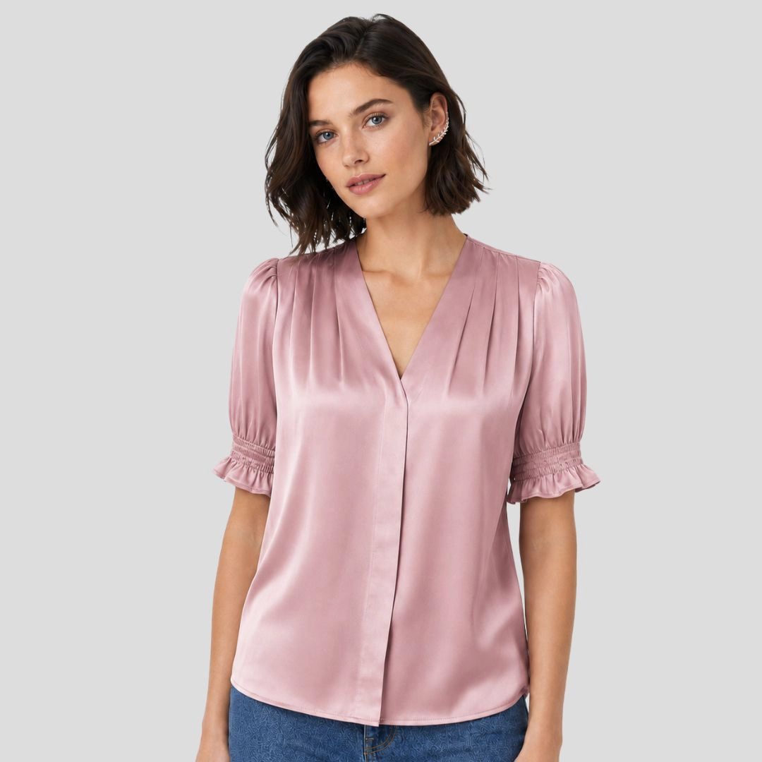 Artyska Women's Satin V-Neck Puff Sleeve Blouse