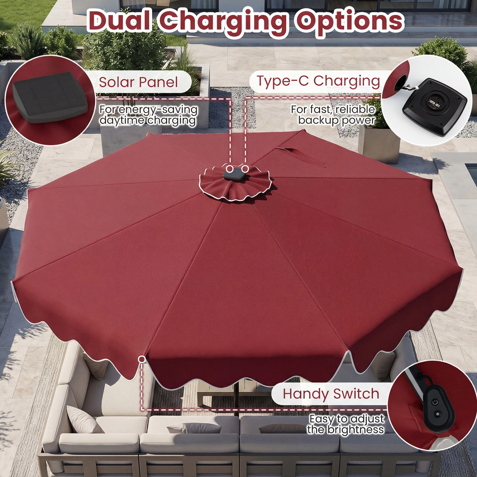 SUGIFT 10-Foot Wine Market Patio Umbrella with 112 Solar LED Lights, Crank Lift and Push-Button Tilt