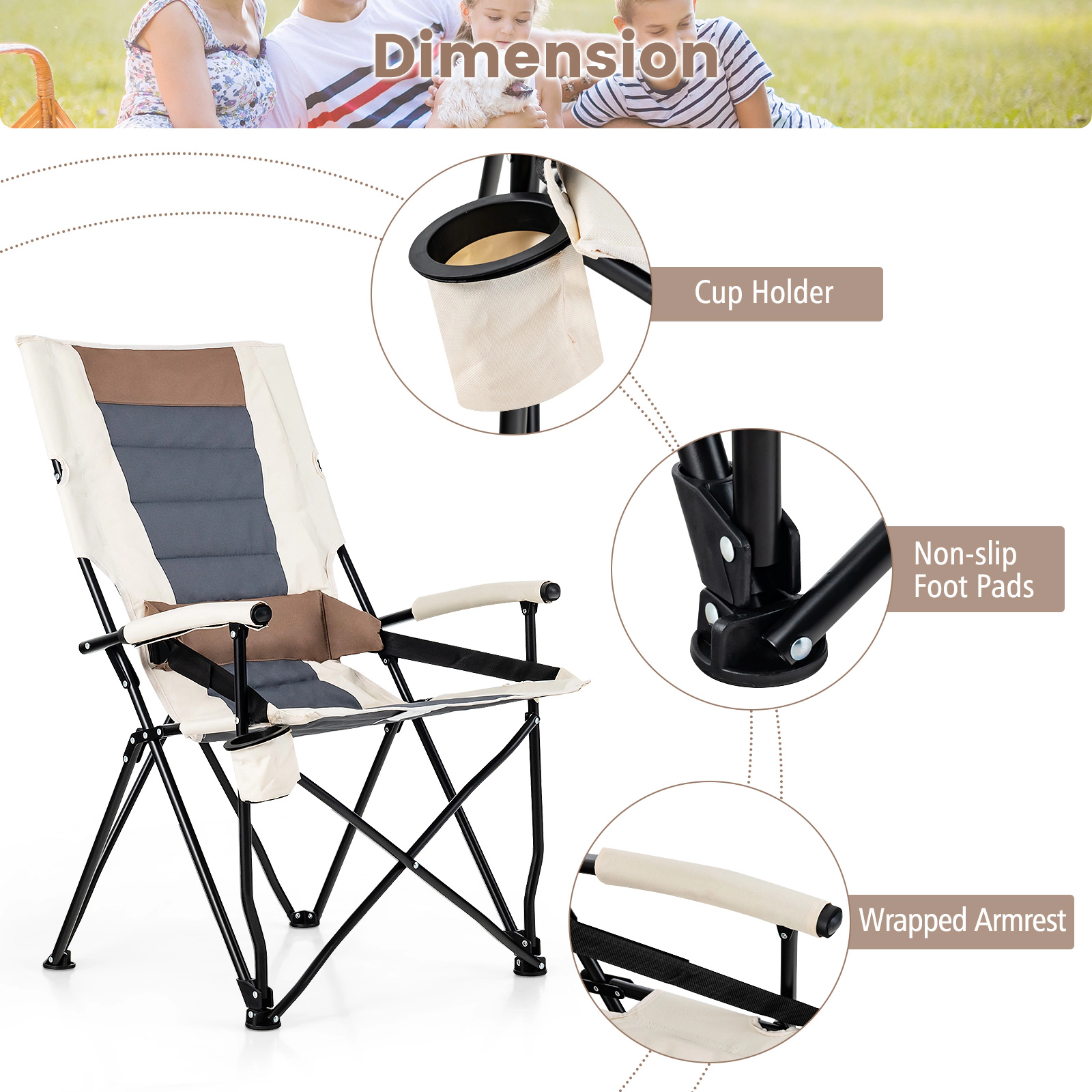 SUGIFT White Folding Camping Chair with Lumbar Pillow and Cup Holder 25-in W 28.5-in D 40-in H 330-lb Seat Capacity