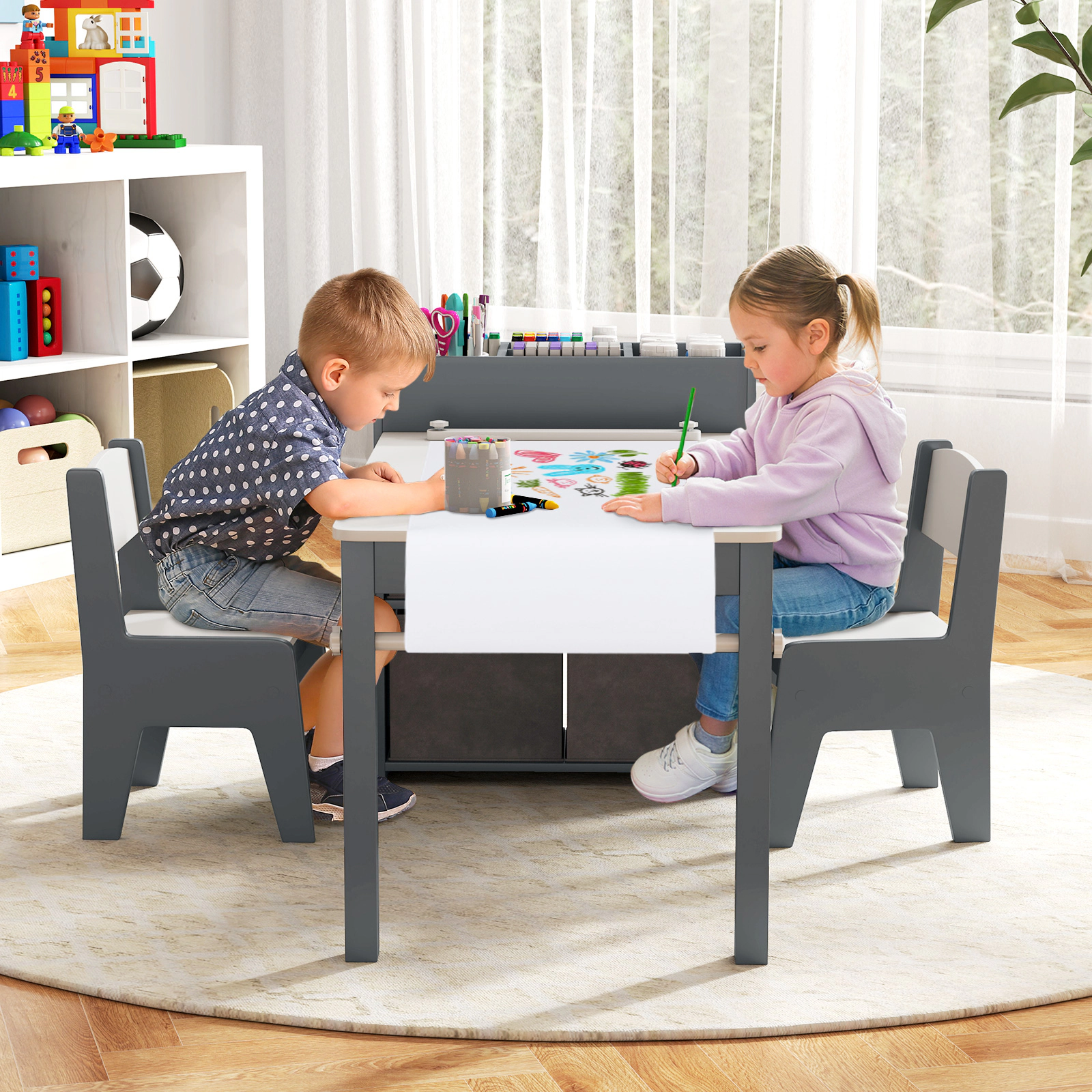 SUGIFT Gray Paper Roll 4 Storage Bins and Side Shelves Kids Art Table and 2 Chairs Set