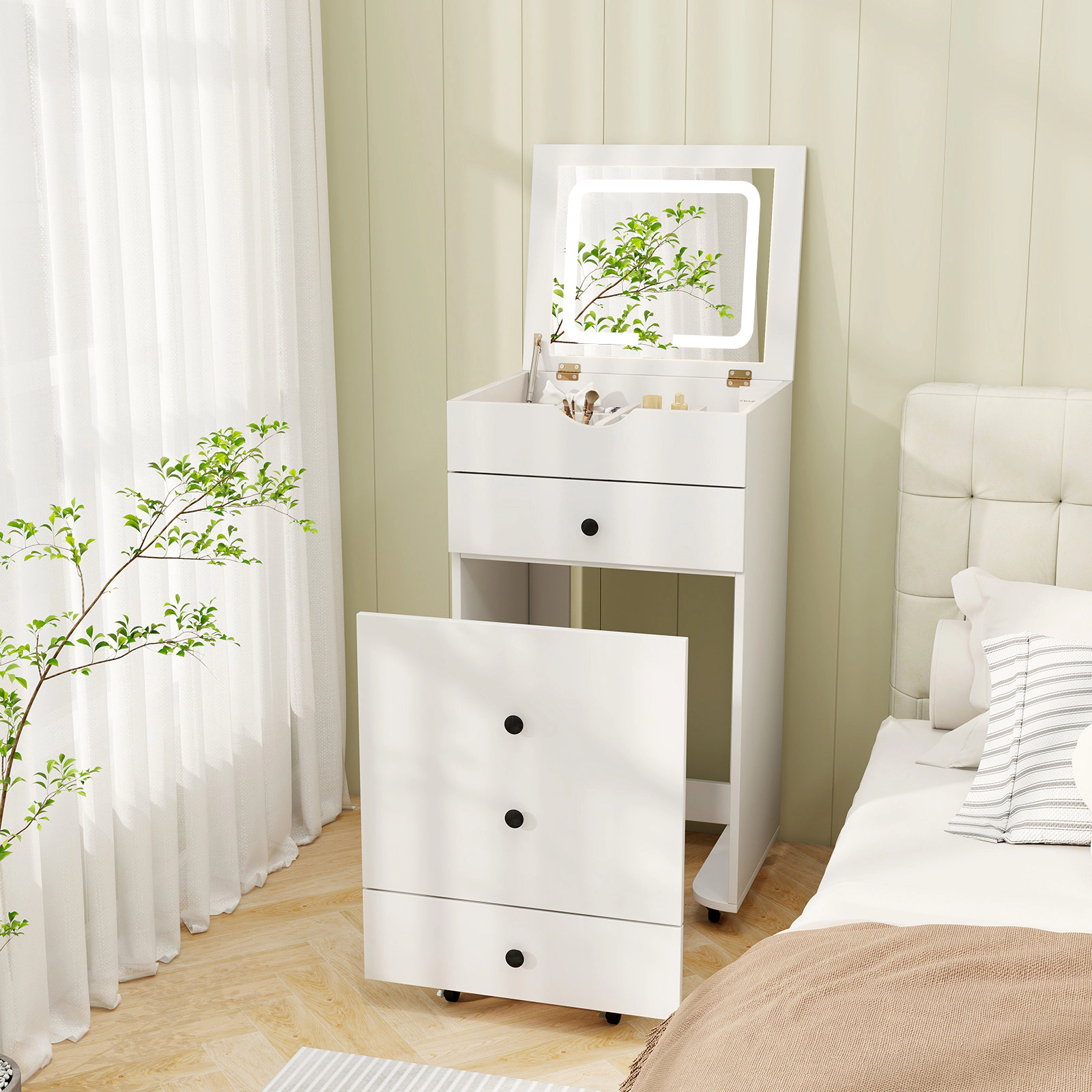 SUGIFT White 3-in-1 Vanity Set with Lighted Flip-Up Mirror, Stool and Locking Casters