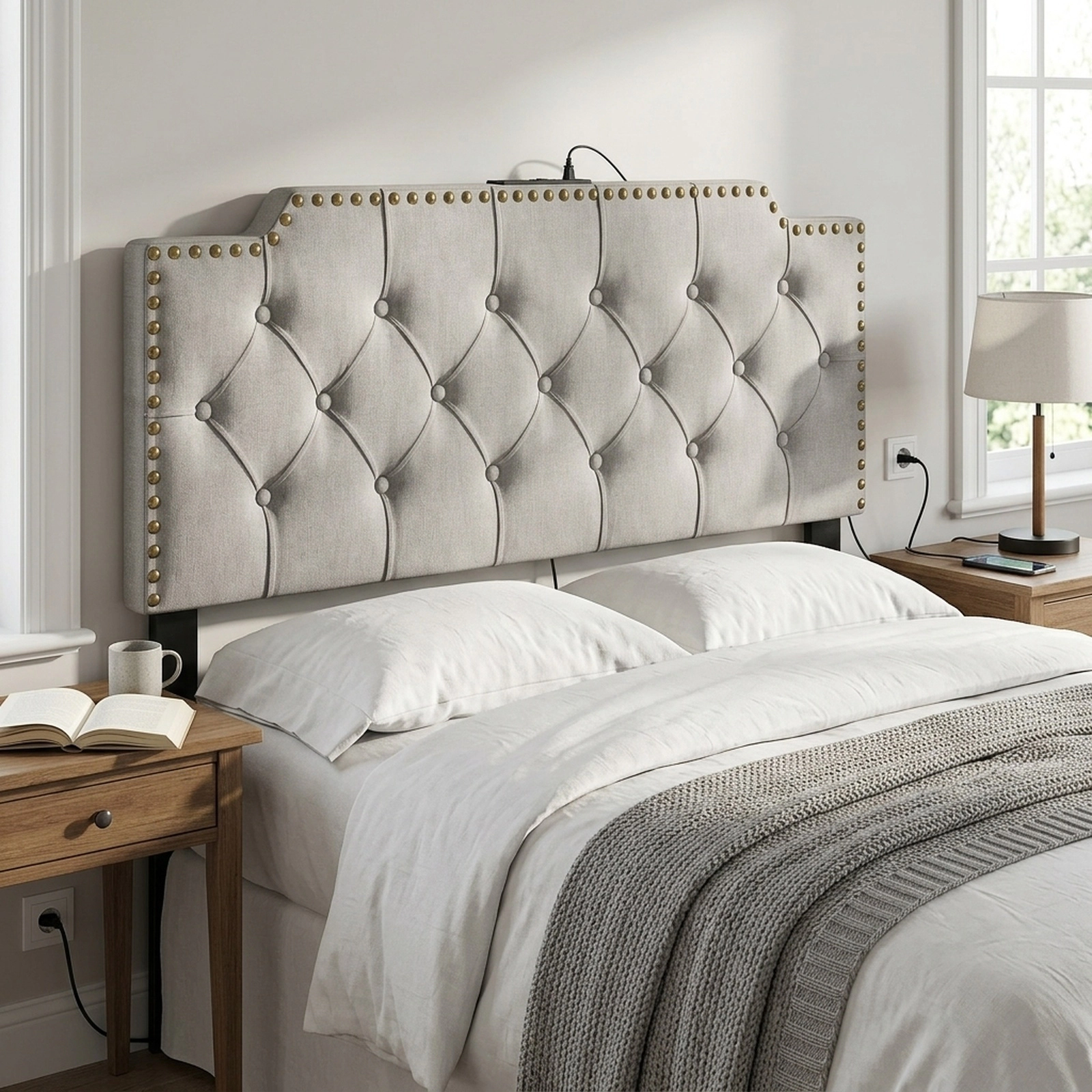 SUGIFT Gray Rivet-Tufted Headboard with Charging Station, Full/Queen