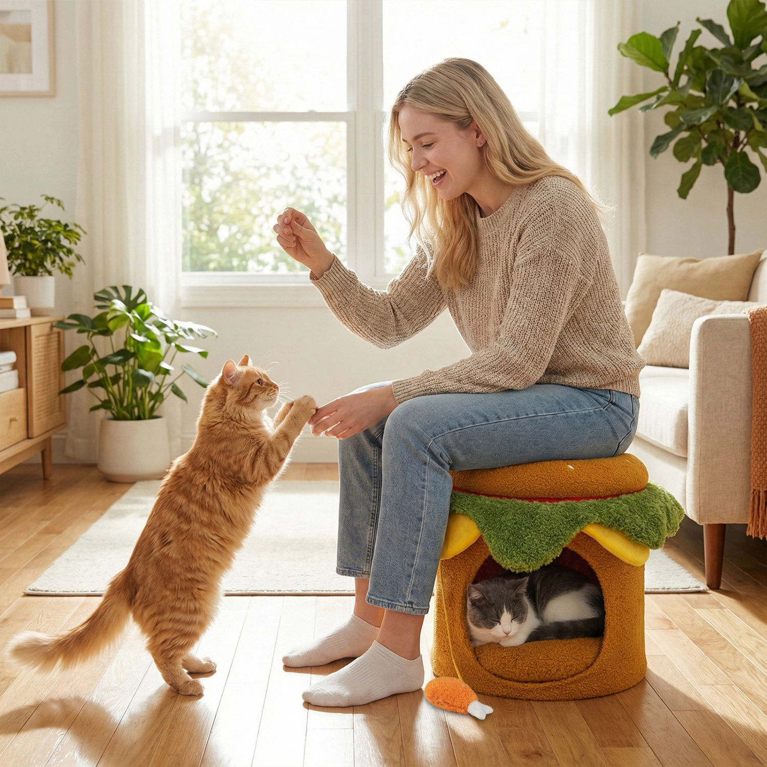 SUGIFT Hamburger Cat Nest Pet House with Chicken Drumstick Toy and Removable Cushion 155-lb Capacity Indoor Stool Yellow