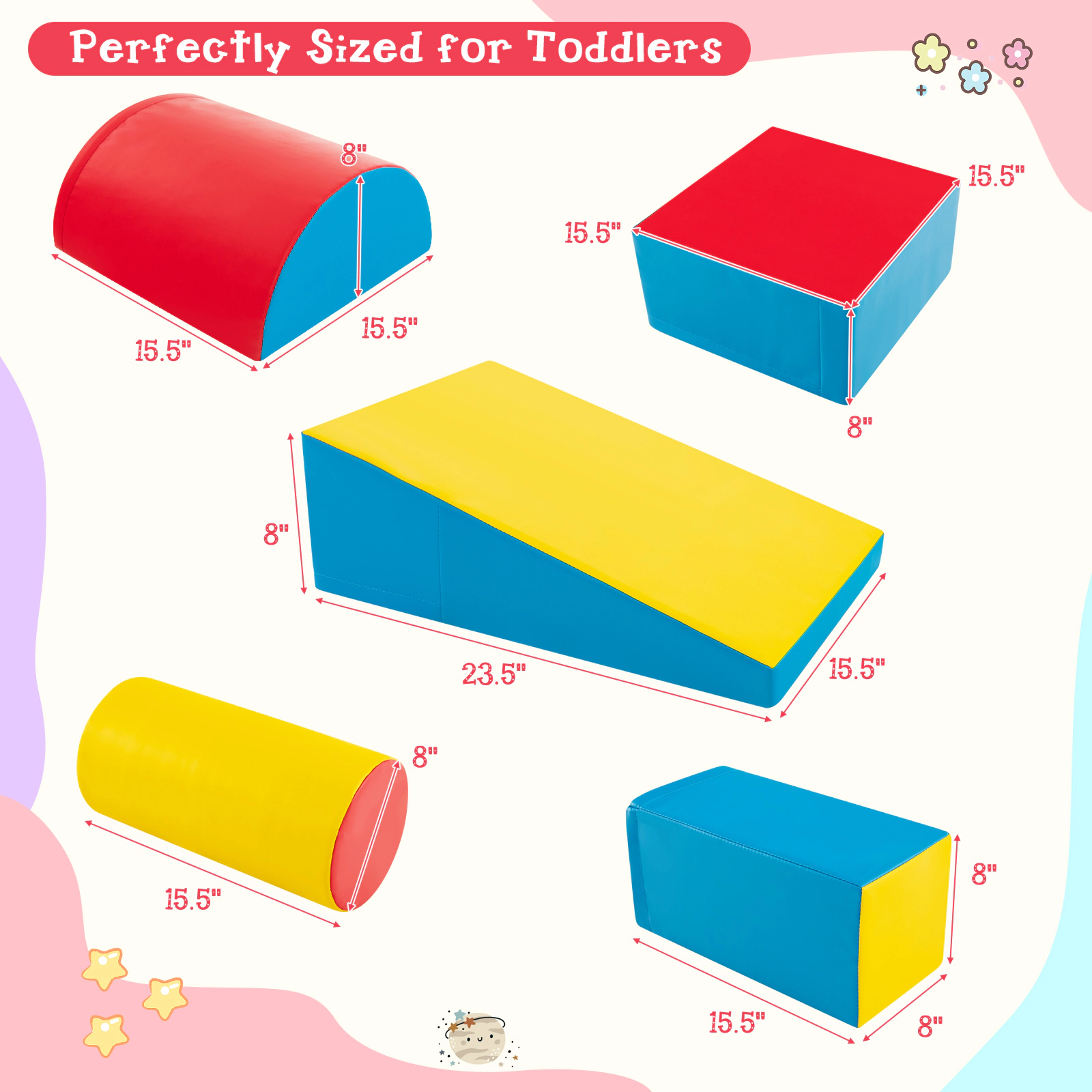 5-Piece Toddler Climbing Toys Indoor Foam Play Gym Climber Set Soft Crawl Course Zippered PU Covers Red