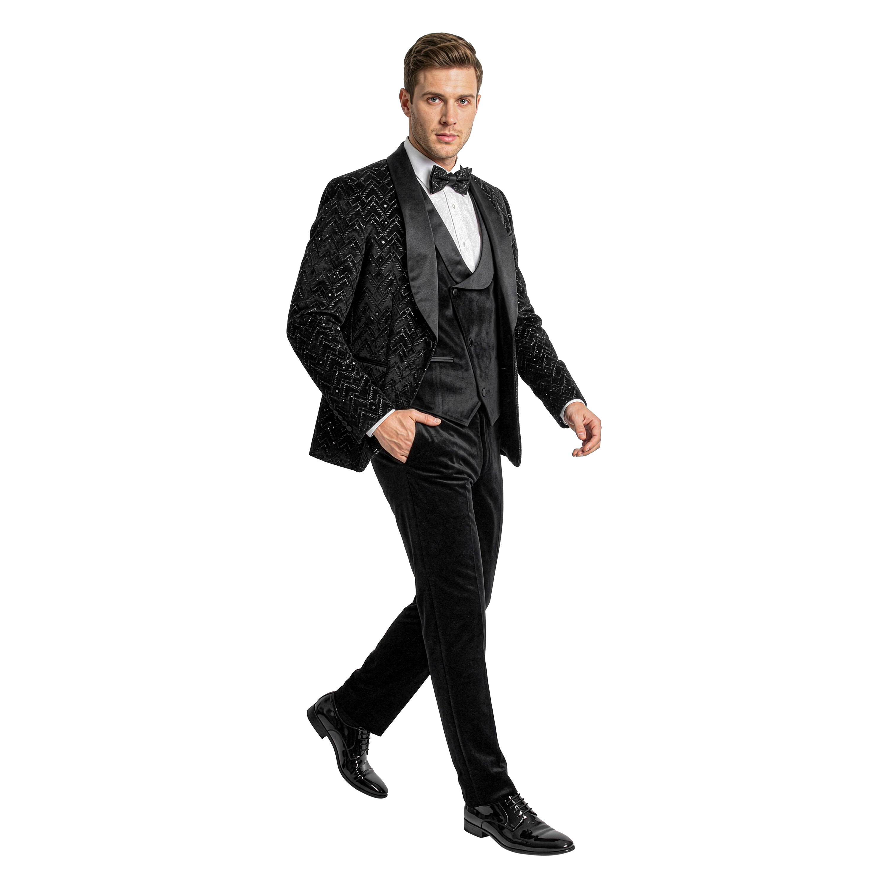 Tazzio Men's Skinny Fit 3pc Velvet Jacquard Tuxedo Set