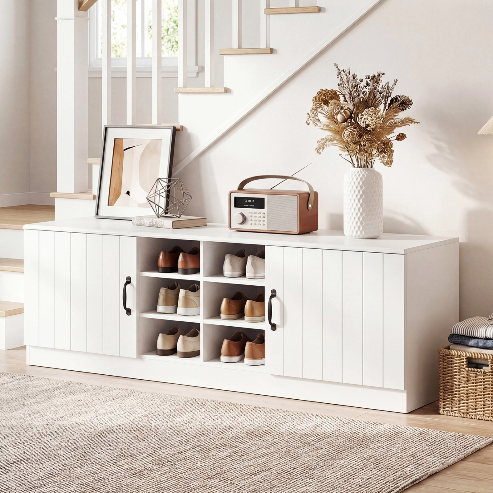 SUGIFT 2-Door Engineered Wood Shoe Bench Storage Cabinet Adjustable Shelves 300-lb Top Capacity 59-in Wide Natural/White