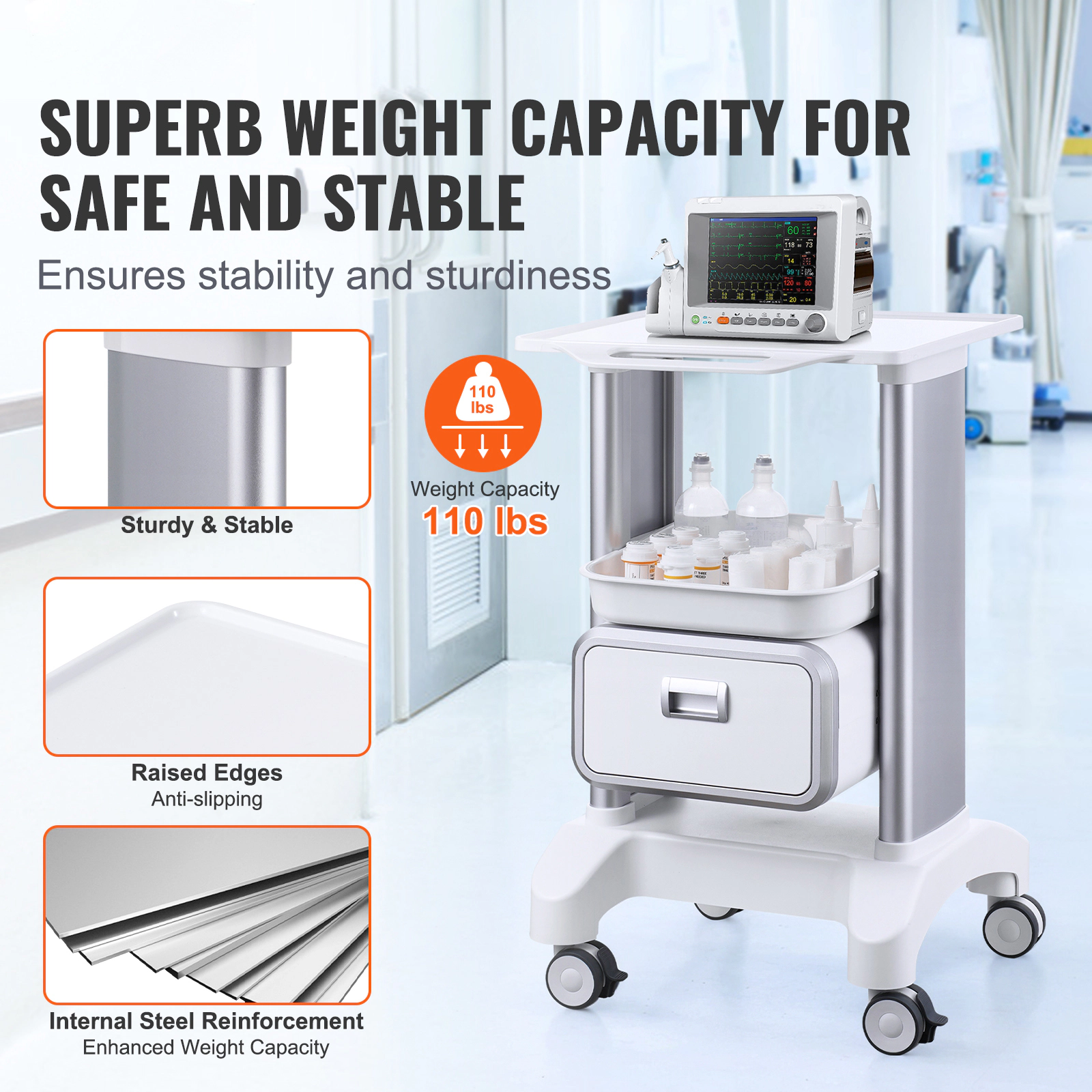 HONGGE Lab Carts Lab Utility Cart with & 1 Top Tray Mobile Medical Cart with ABS Material Lab Rolling Cart with 4