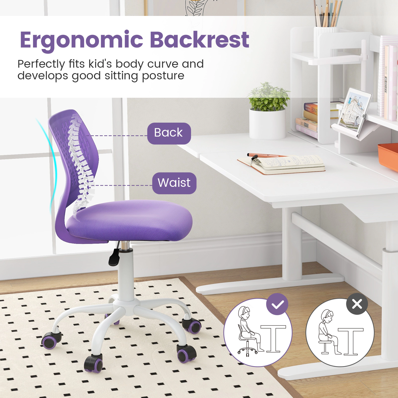 SUGIFT Ergonomic Mesh Kids Study Chair with Adjustable Height 250-lb Capacity Sponge Seat Ages Vary Purple