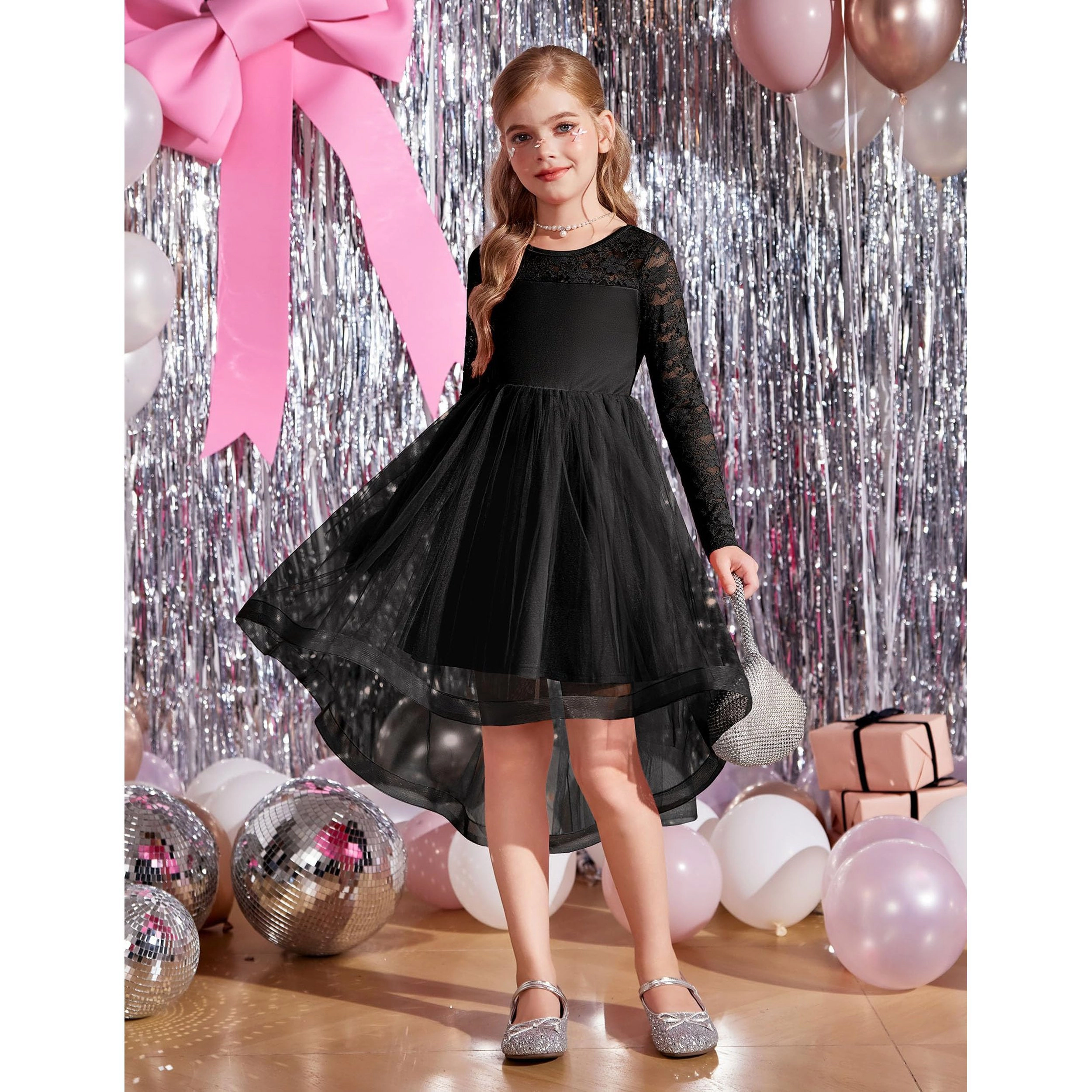 Arshiner Flower Girl Lace Tutu Dresses High Low Hem Long Sleeve Flowy Formal Party Wedding Dress