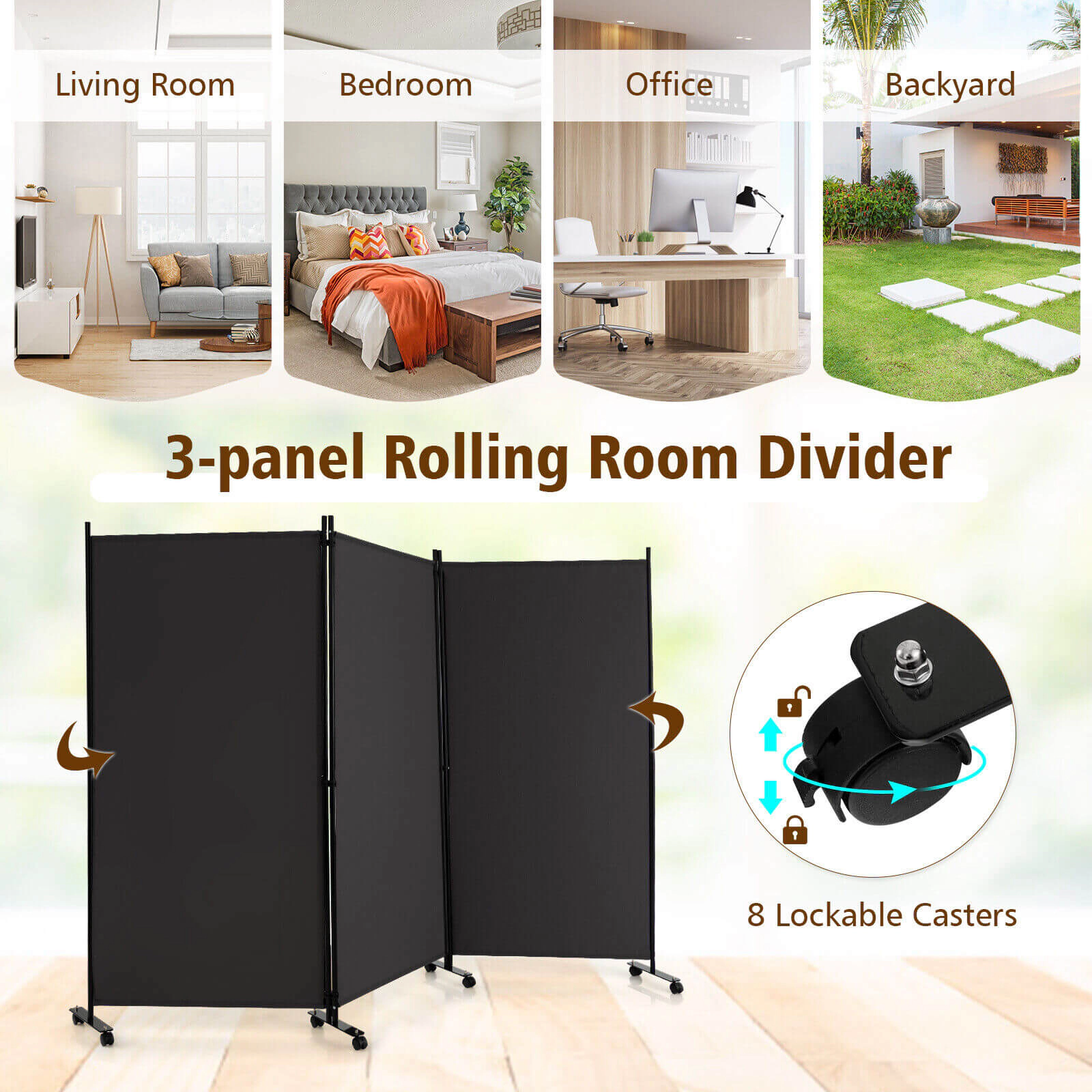 SUGIFT 3 Panel Folding Room Divider with Lockable Wheels 103-in Wide Metal Frame Polyester Fabric Gray