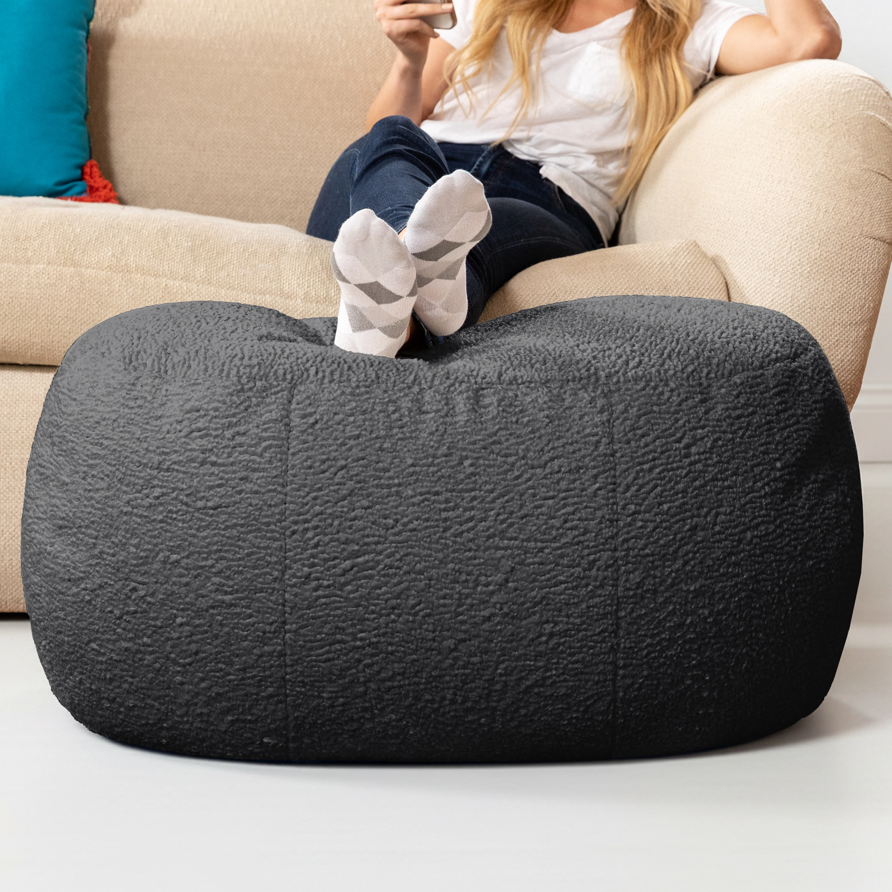 Jaxx Ellis Ottoman Shearling Faux-Lamb Plush Pouf for Modern Interior Design, Oval