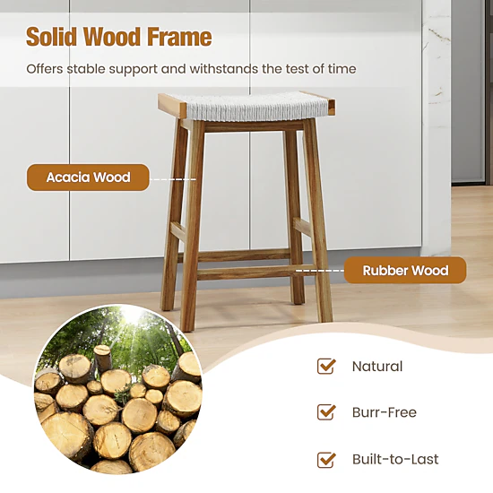 Glintex 2-Piece 25.5-Inch Backless Counter Stool Set with Seaweed Woven Seat, Natural Beige
