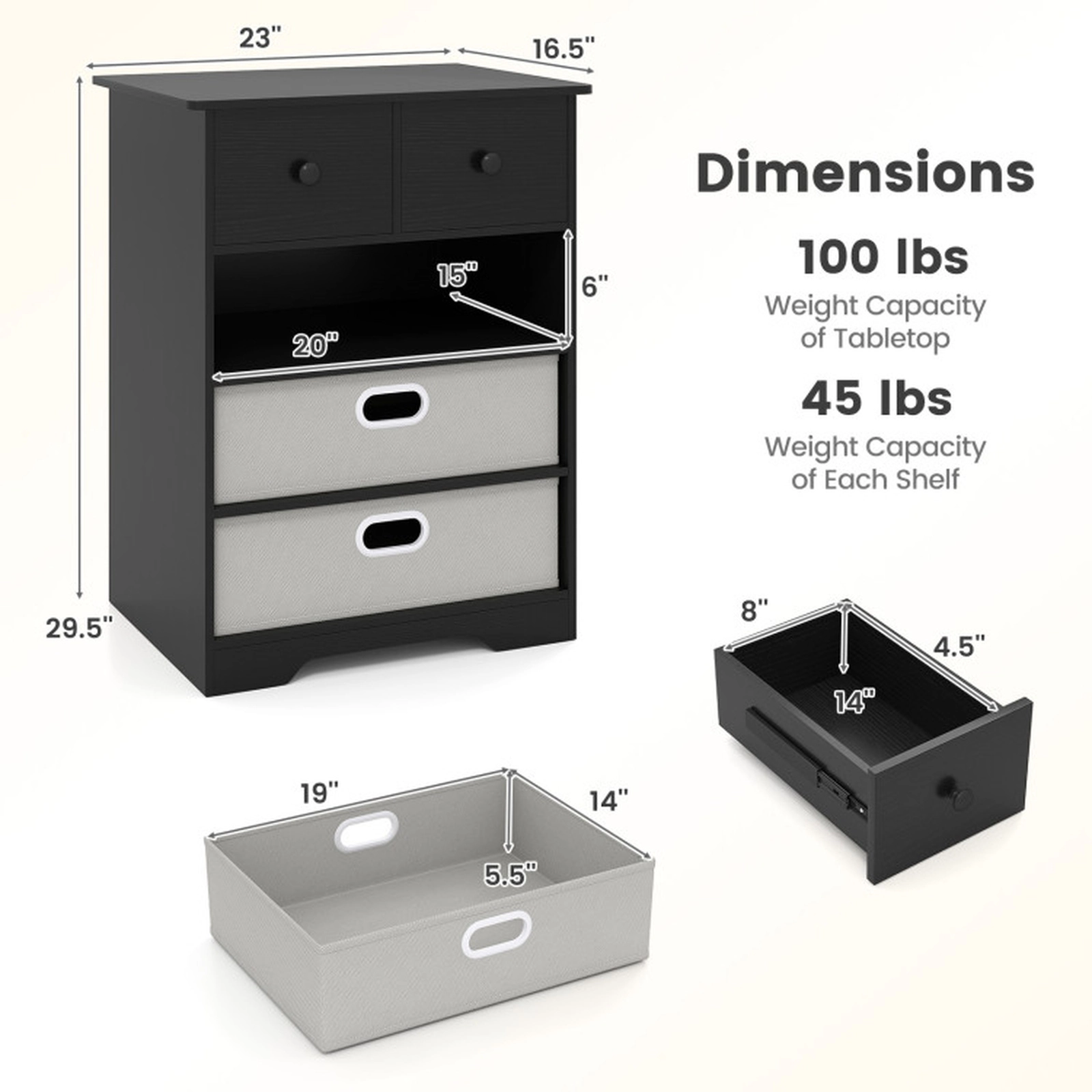 SUGIFT 4-Drawer Dresser Modern Accent Cabinet Storage Organizer with Open Shelves 100-lb Tabletop Capacity Black + Gray