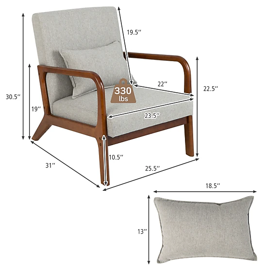 LJG Modern Accent Chair with Rubber Wood Frame and Lumbar Pillow