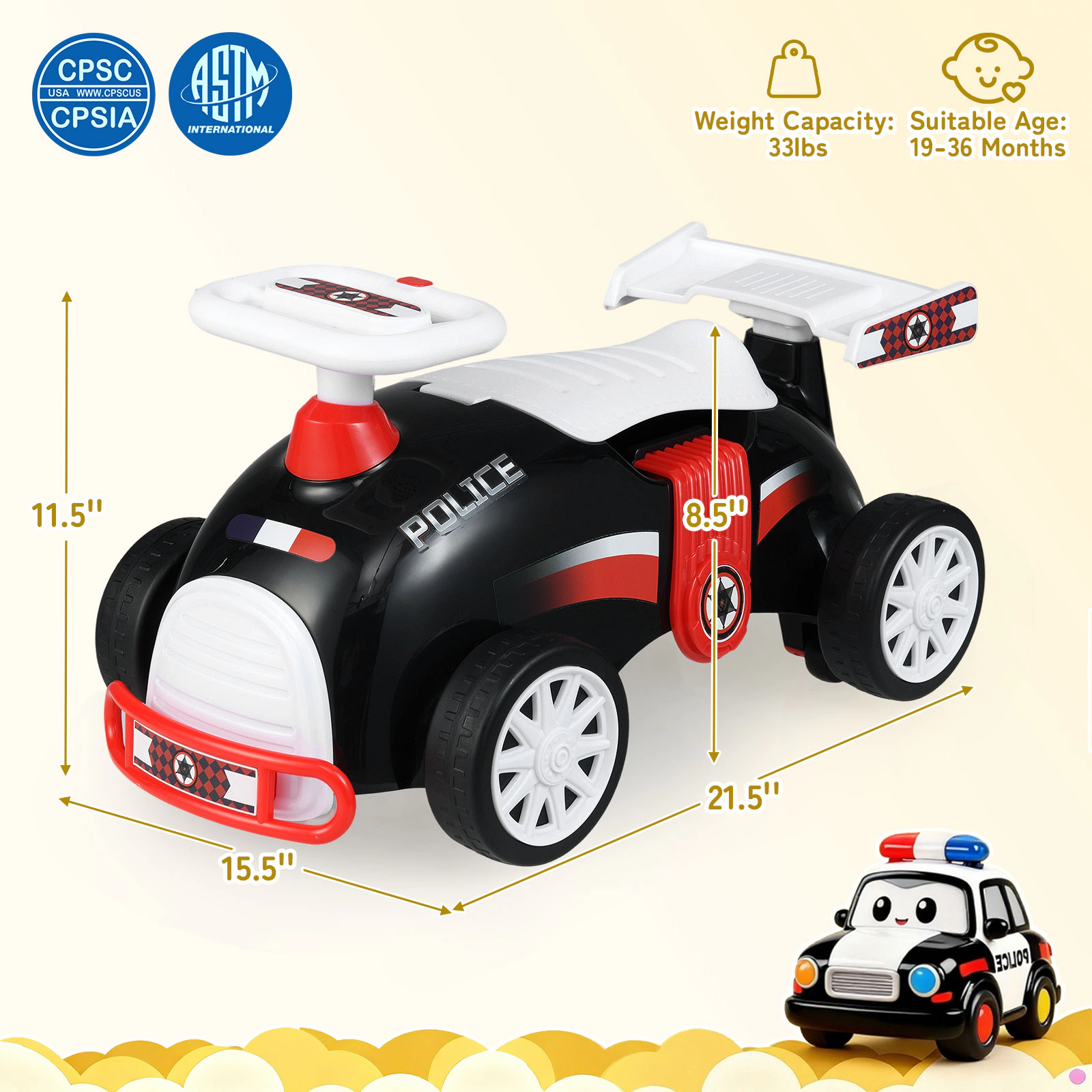 SUGIFT Black Toddler Ride-On Sliding Car with 12 Songs Under Seat Storage and Universal Wheels 33-lb Rider