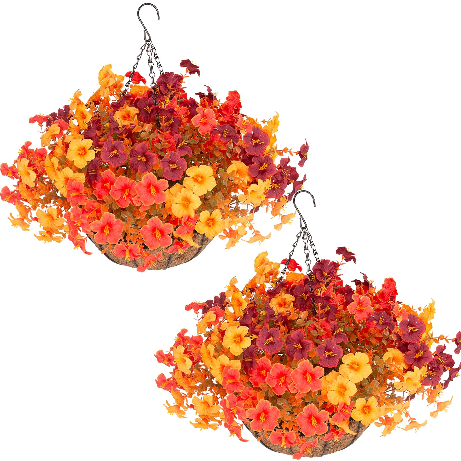 PUPWE 2 Set Artificial Outdoor Fall Flowers With Hanging Baskets  24 Faux Petunias Planter For Outside Porch Yard Garden