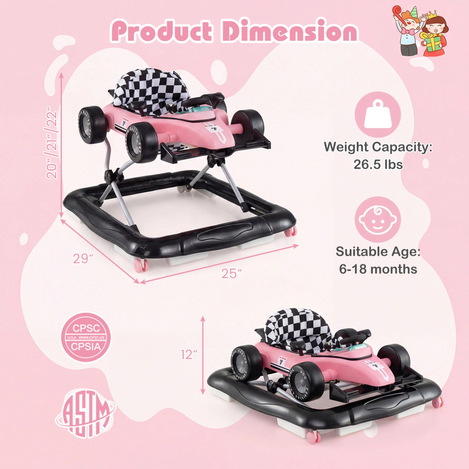 SUGIFT 4-in-1 Height-Adjustable Baby Push Walker Activity Center with Music Box 26.5-lb Capacity Ages 6-18 Months Pink