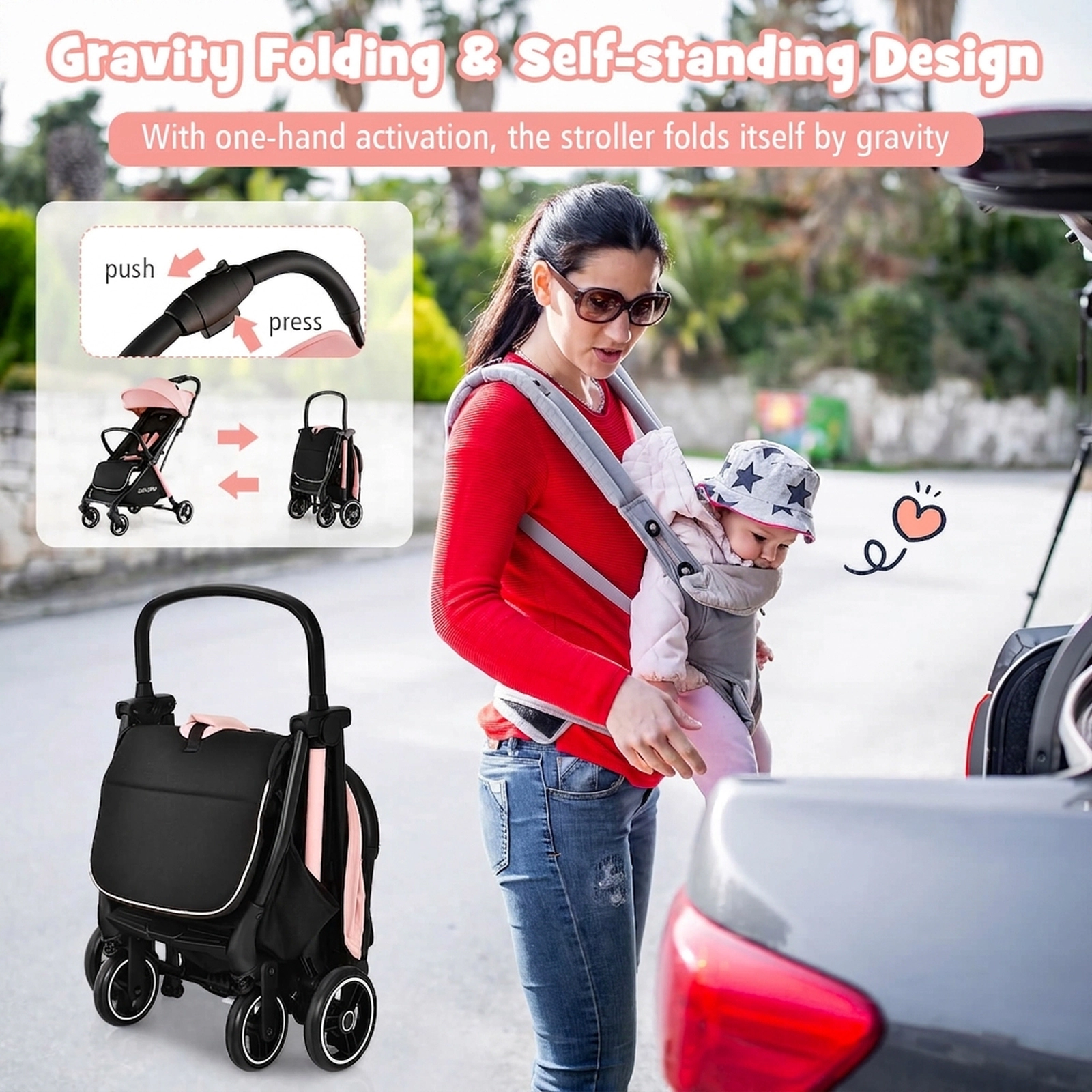 SUGIFT Baby Pink Lightweight Aluminum Stroller with One-Hand Fold 36.5-in W 20-in D 40.5-in H 33-lb Seat Capacity