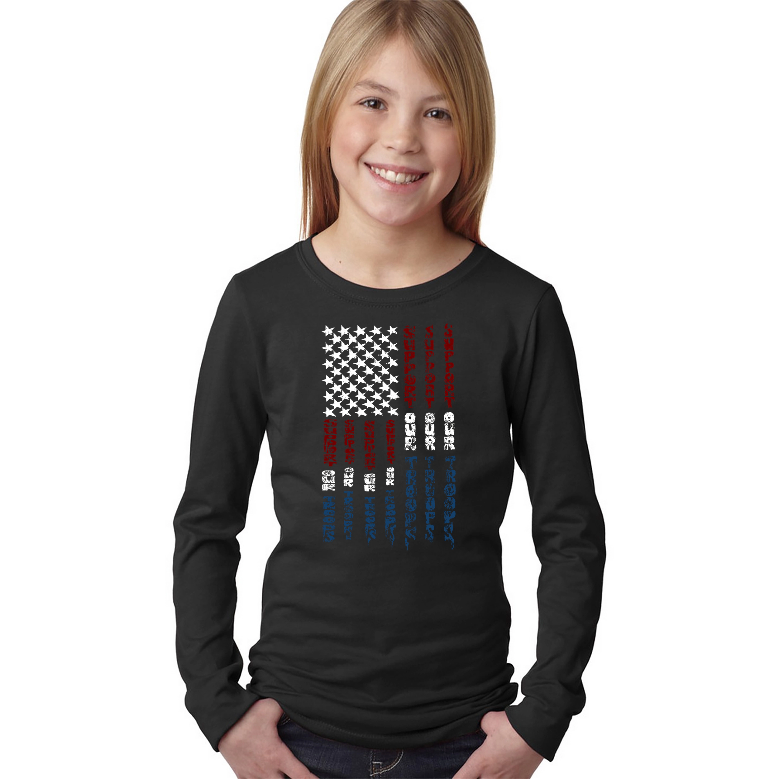 LA Pop Art Girls Long Sleeve Word T-Shirt - Support our Troops