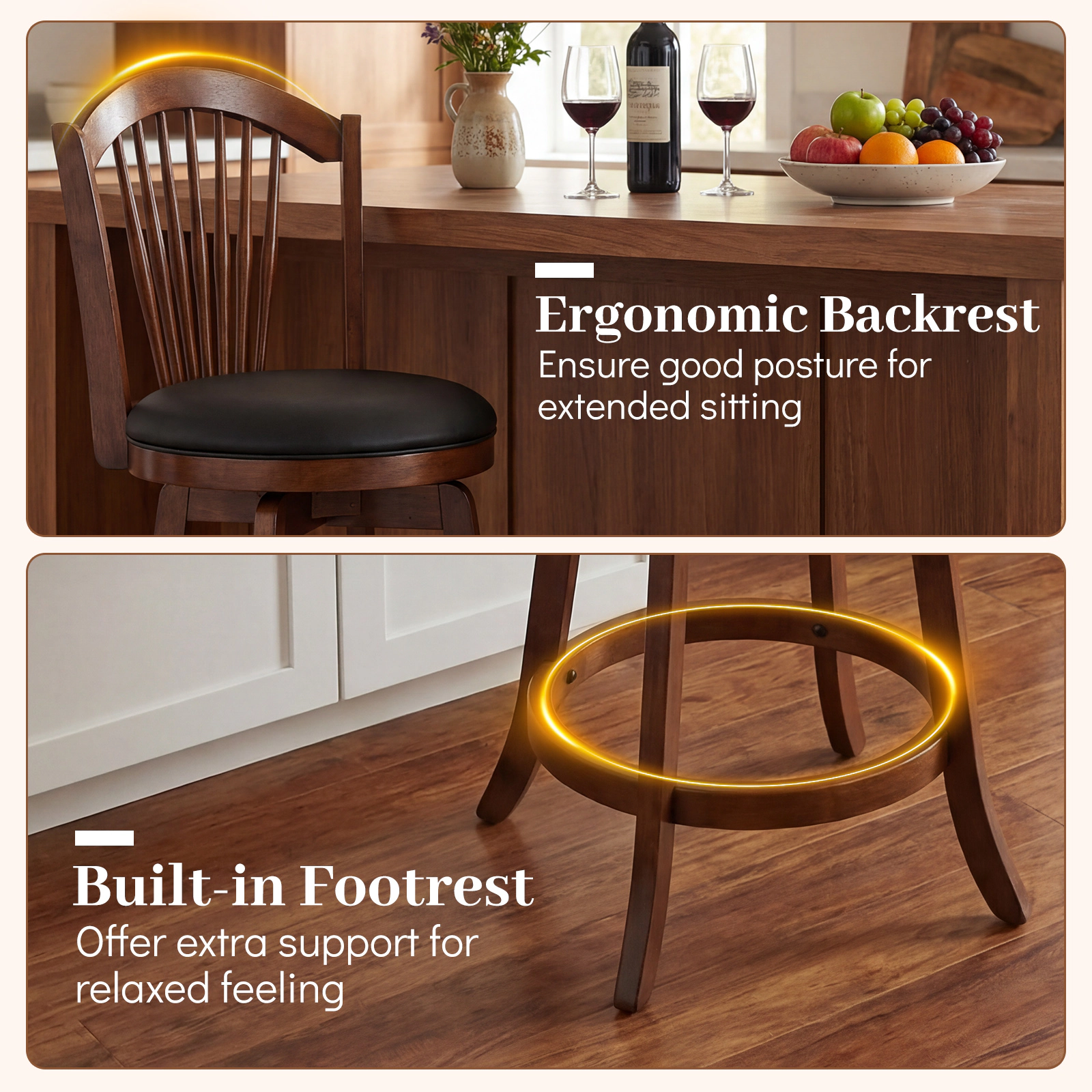 SUGIFT 360° Swivel Bar Stools with Backrests 330-lb Capacity for 35-39-in Tables Expresso and Black