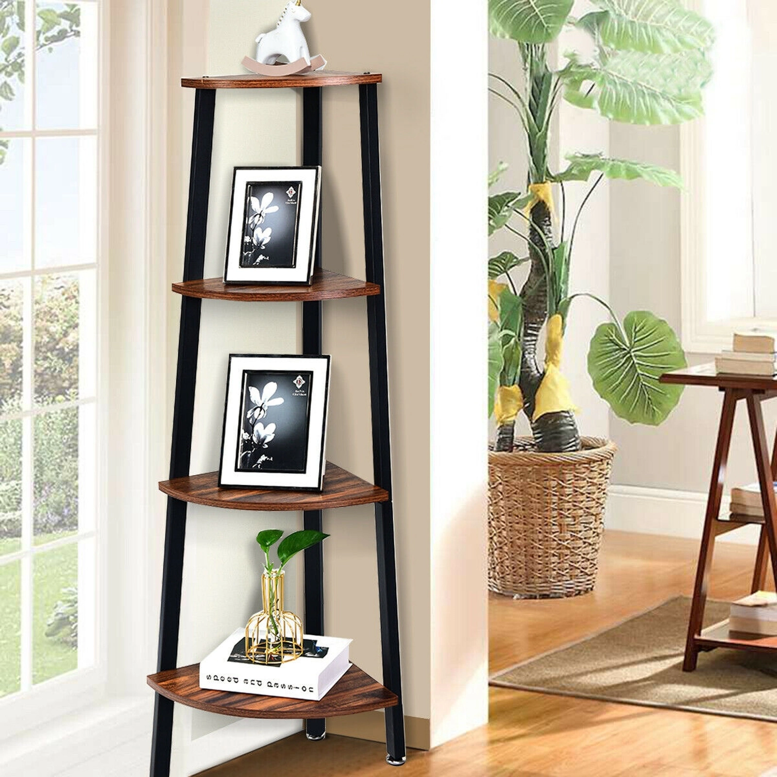 SUGIFT Black 4-Tier Corner Shelf Metal Storage Rack Ladder Bookcase