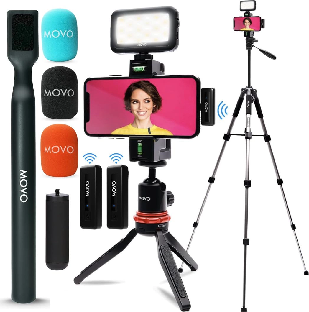 Movo iVlogger Wireless Vlogging Kit for iPhone with Dual Wireless iPhone Microphone, WMX-HM, Remote, Phone Mount, LED
